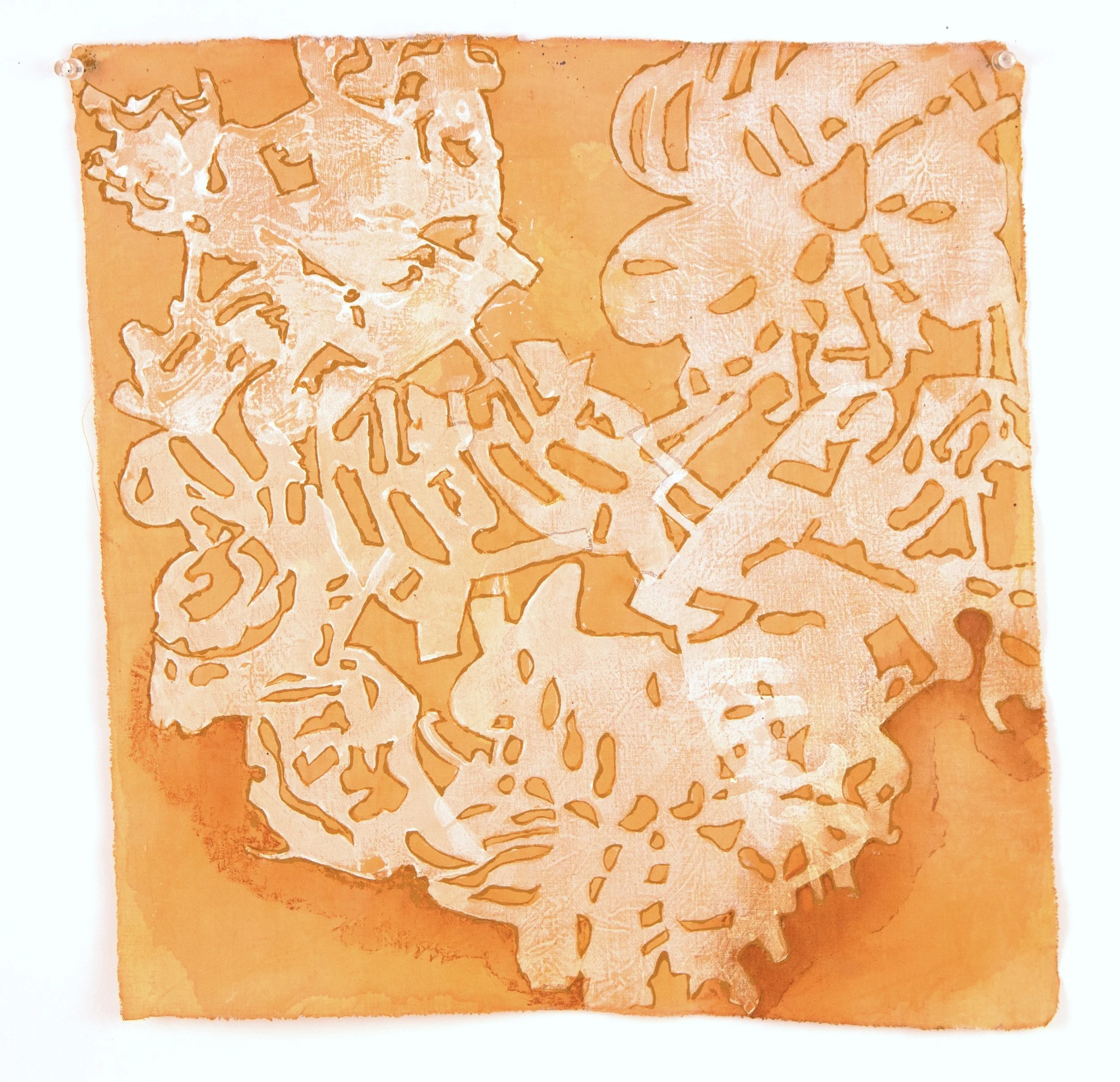 Shadowed, poly stencil print, acrylic, ink, cotton, 10" x 10", 2021