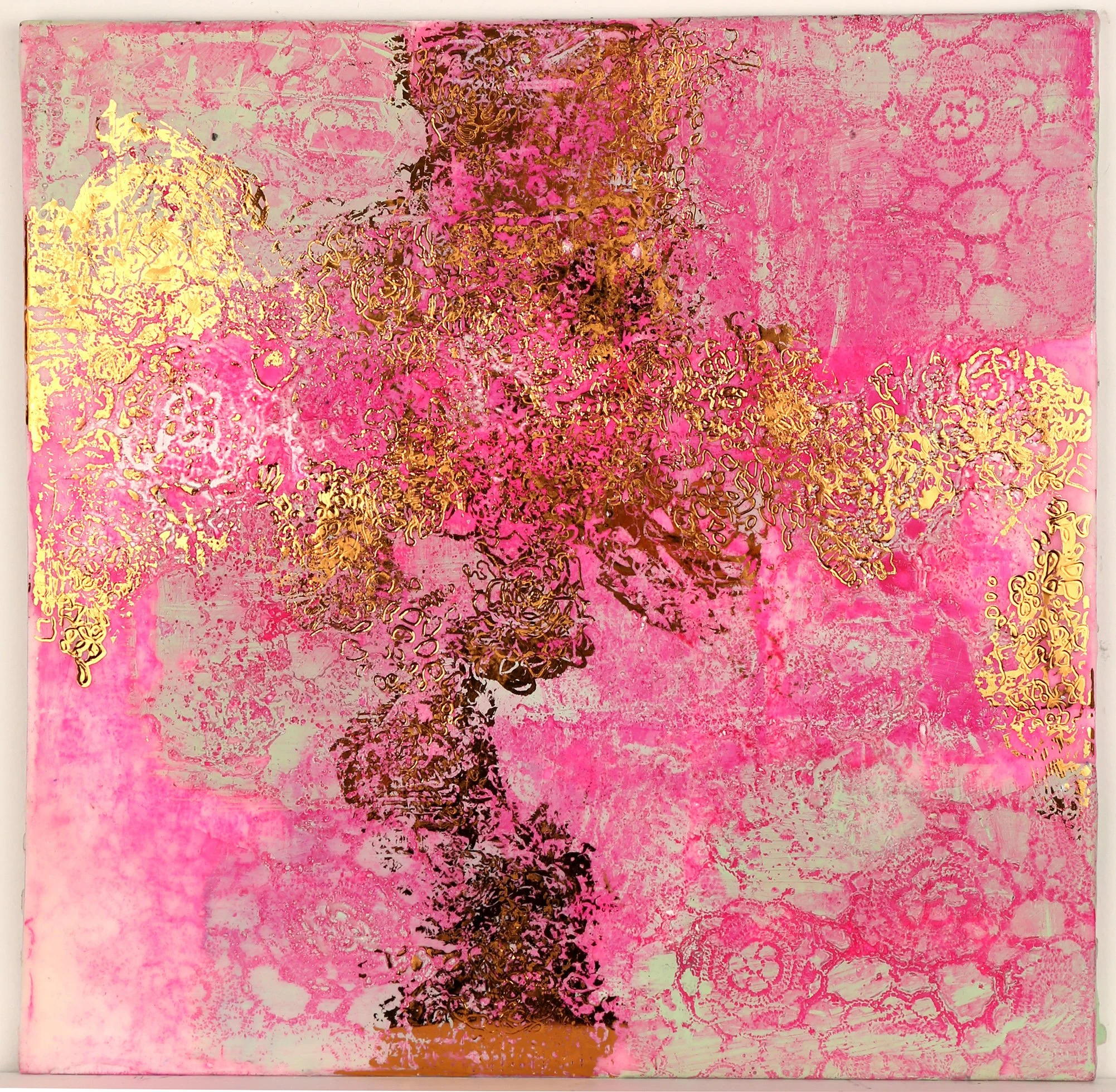 Eos, Encaustic, oil pigment, gouache, copper foil, 16" x 16", 2022