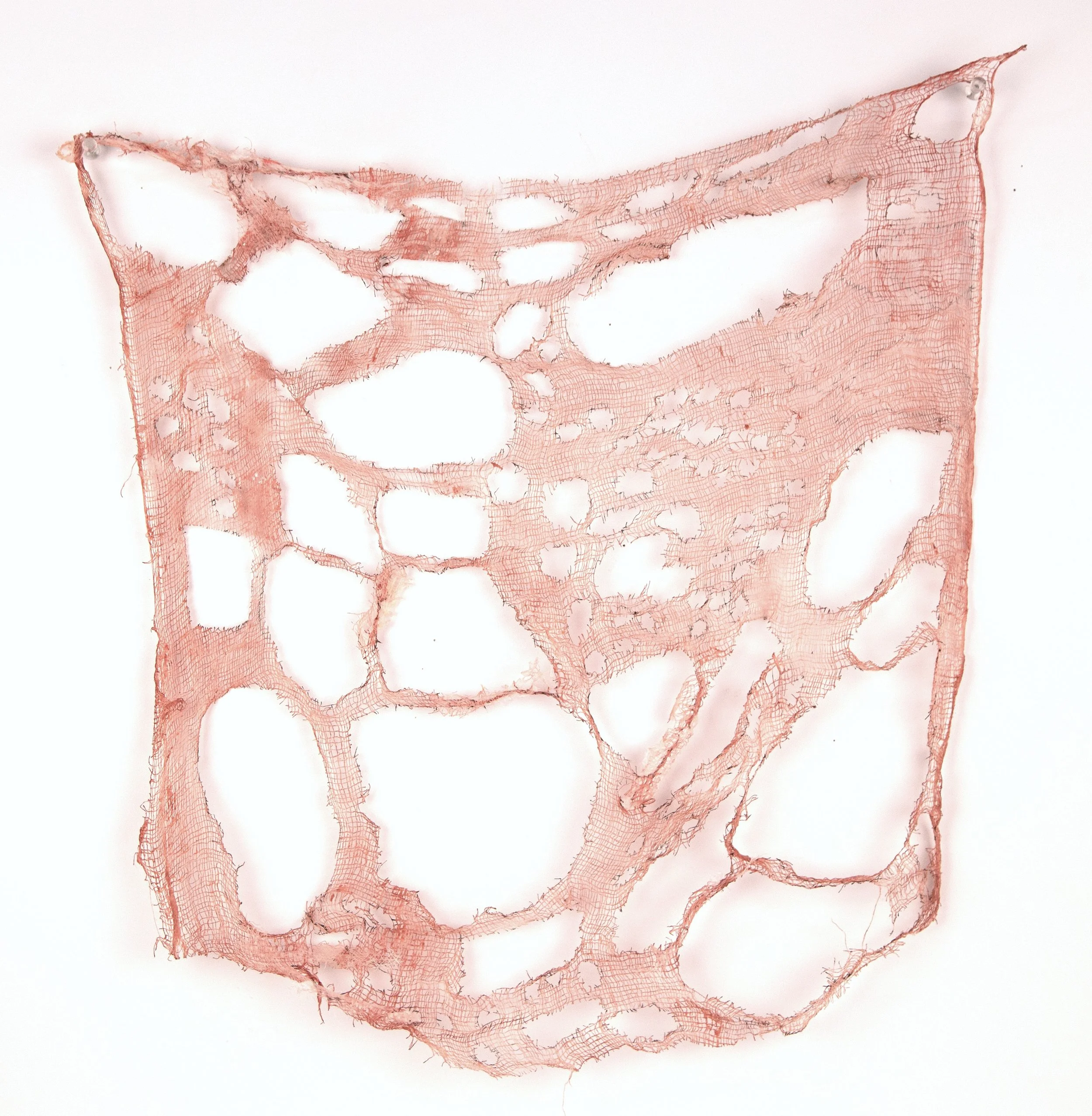 Threadbare, cheesecloth, spackle, polymer, ink, 16" x 16.5" x 3", 2025