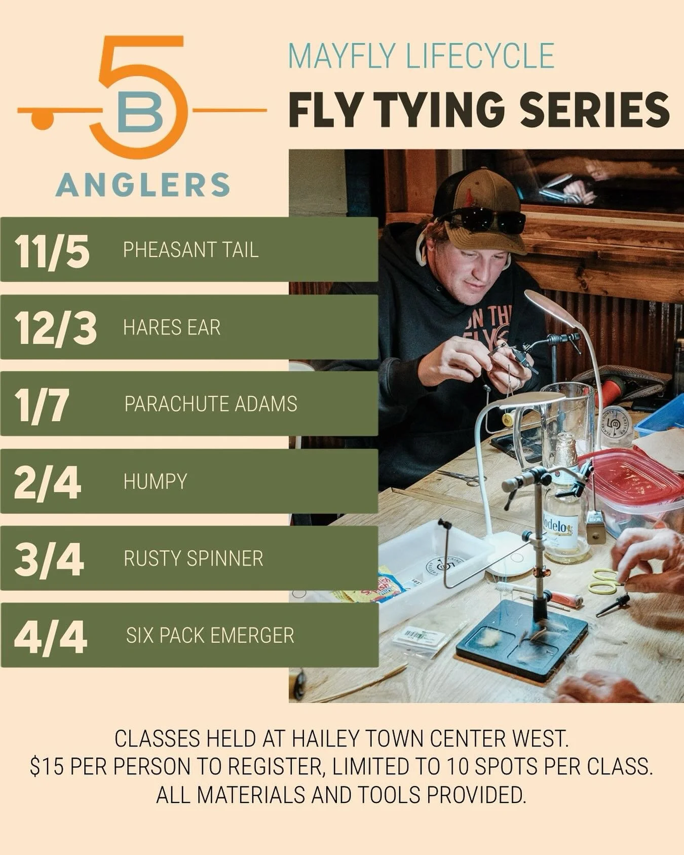 Join us from 6-8 PM at Hailey Town Center West for the first night of our winter fly tying we series - this year we’re diving into the mayfly lifecycle, exploring each stage through hands-on patterns, tips, and plenty of good company.
Whether
