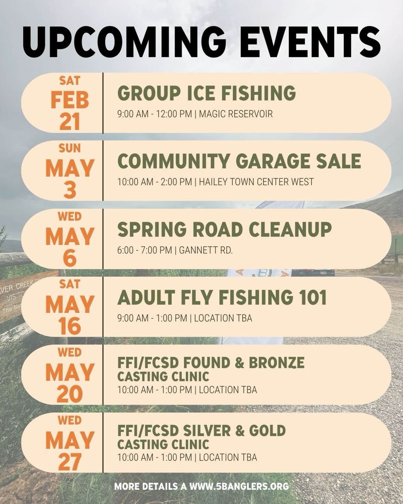 Next up in our seasonal announcements: some fun events to kick off the season!

New this year:
&bull; 5B Anglers Community Garage Sale - Register for a table and join us for a community outdoors &amp; fishing gear garage sale
&bull; FFI Fly Casting S