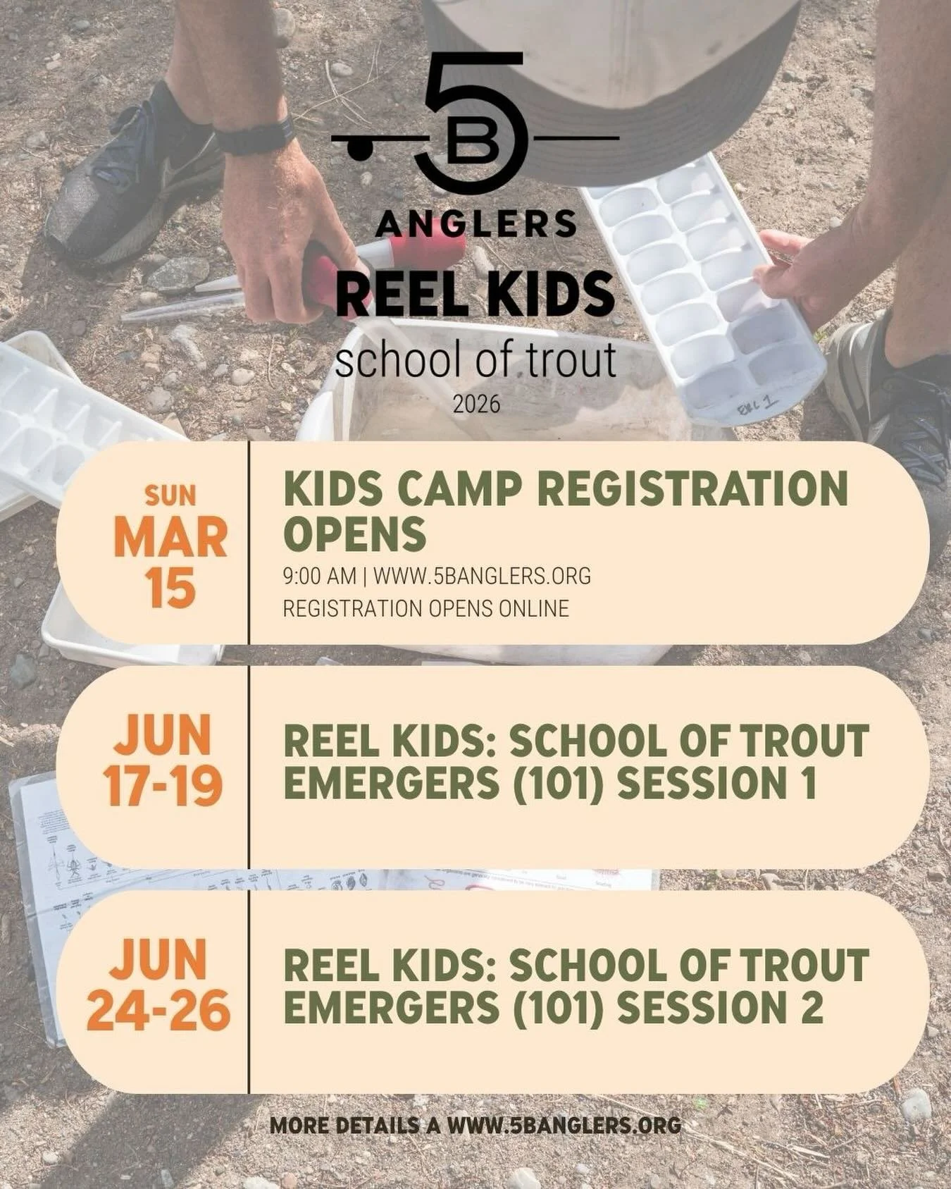Up first in our big seasonal announcements: Kids Camp! 🎣

This summer, we&rsquo;re hosting two Emergers (101) sessions of our Reel Kids: School of Trout kids camp! To meet growing community interest, we&rsquo;re pausing the Streamers (201) program t