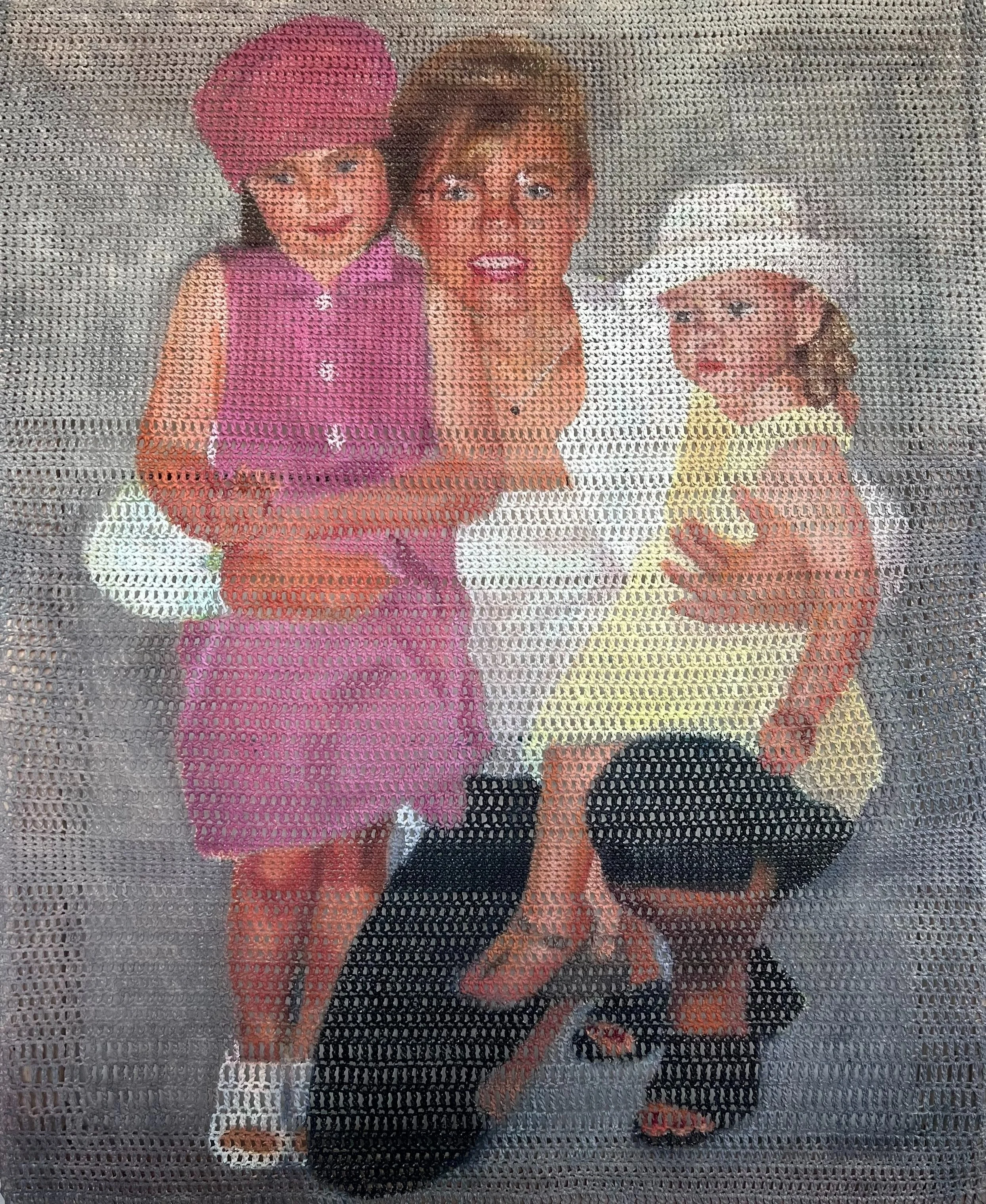 "Switching Stitches" | 2023 | oil on crochet canvas | 44" x 36" _____________________________________________________________________
This painting depicts my mom, my sister and me. The stitches start as single stitches that are very tight. As the c