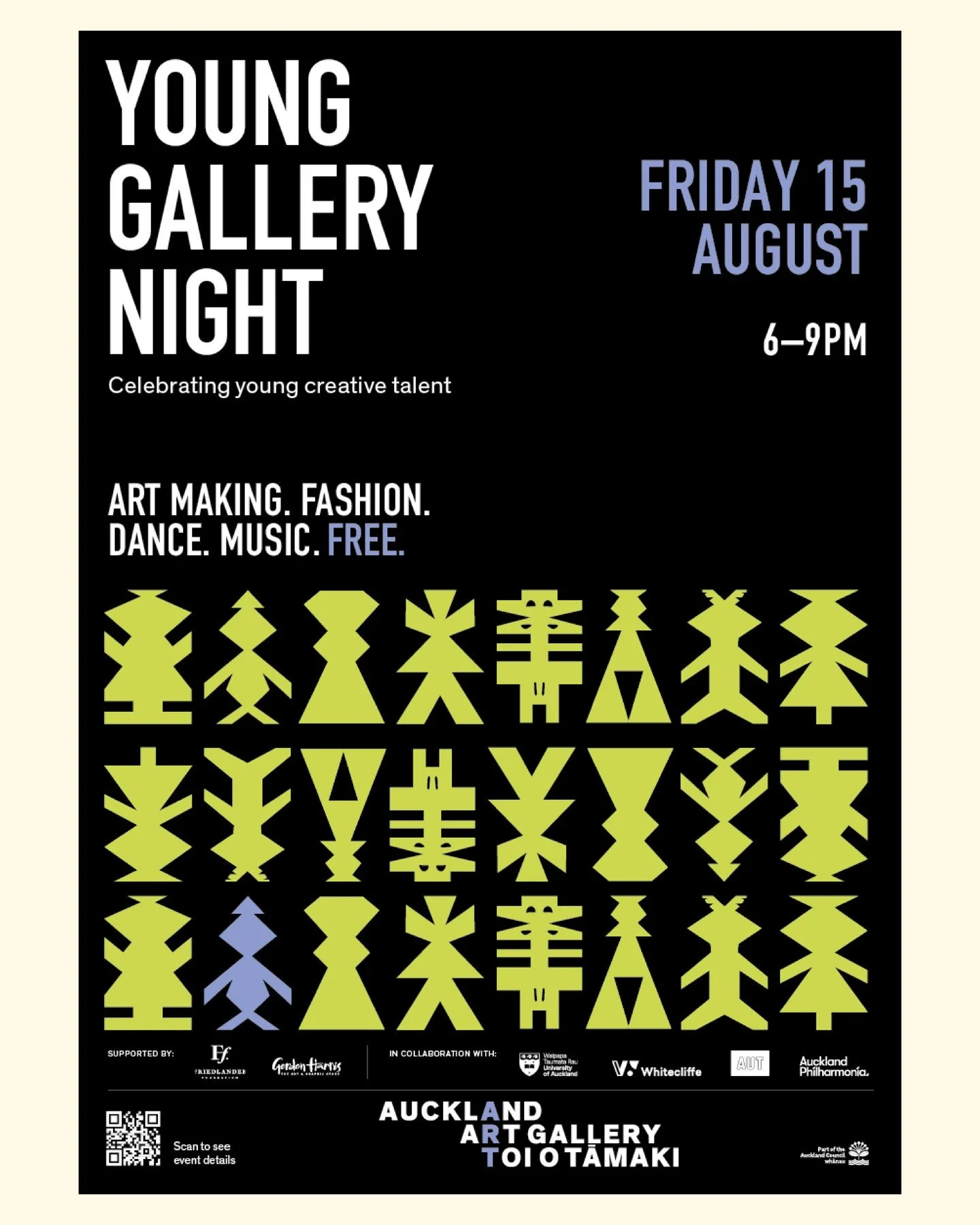 I was delighted to incorporate student-carved tiki tiki tangata motifs into this Auckland Art Gallery poster for Young Gallery Night. These designs originated in studio workshops led by Ani O&rsquo;Neill, where students carved block-print representat