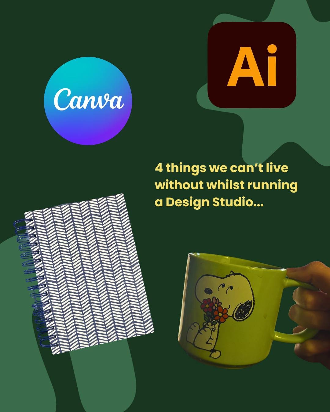 If we could only have 4 things to get through our day, it would be...

☕ A mug of tea - no.1 most important!
📓 My notebook - Always within arms reach and taken to every meeting
💻 Adobe suite - Always has the highest rated amount of screen time at t