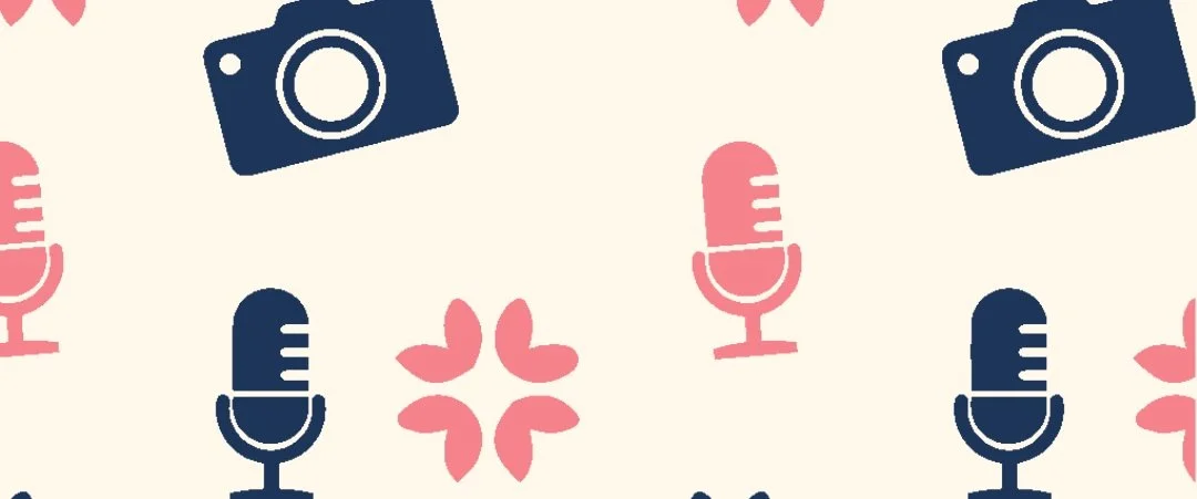 Banner formatted image showing icons of cameras, microphones and the brand icon of the branding client.