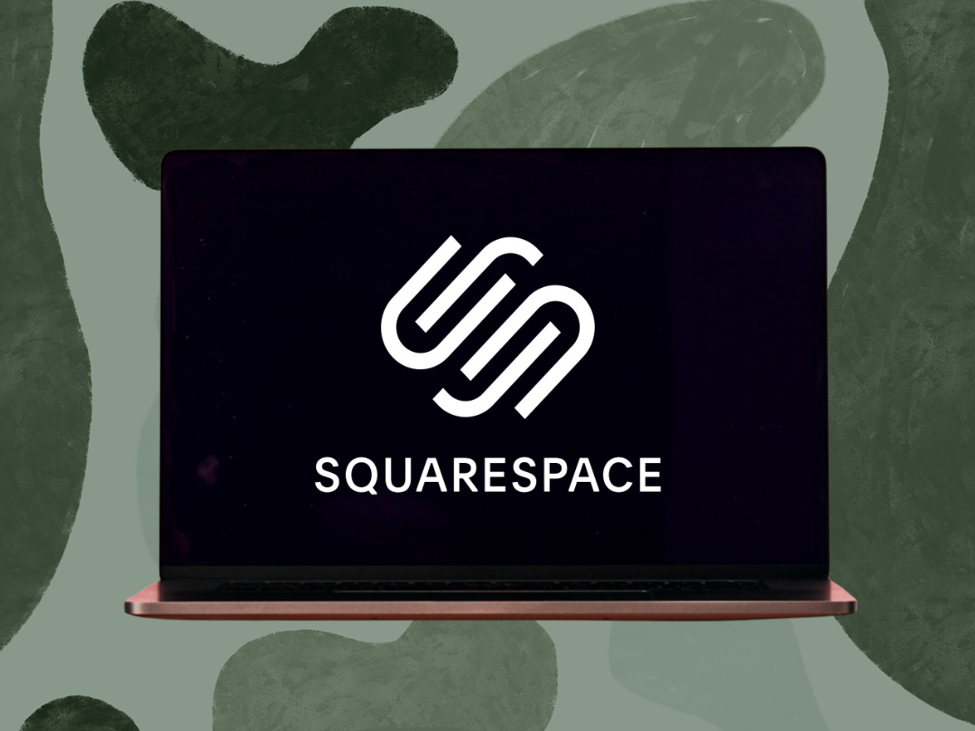 Laptop with squarespace logo on, green blobby backround behind laptop. Showcasing Inka Creative Studio's Web Design and SEO services.