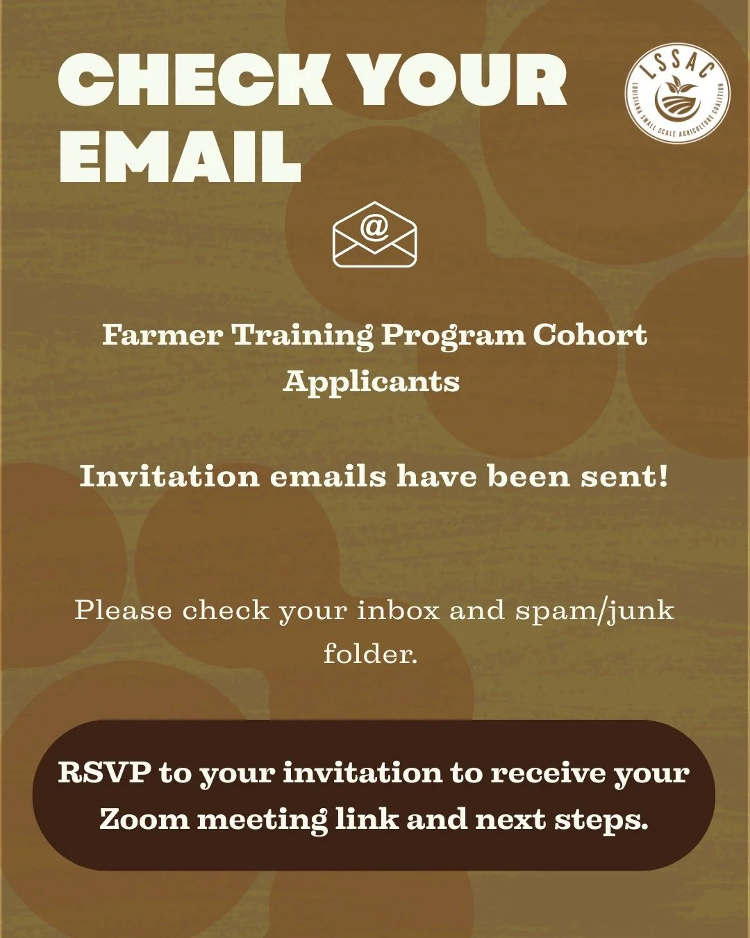 📬 Farmer Training Program Cohort Applicants:

Invitation emails have been sent! 

Be sure to RSVP as soon as possible to receive your Zoom meeting link and important next steps.

We're looking forward to connecting with you soon! 🌱

#FarmerTraining