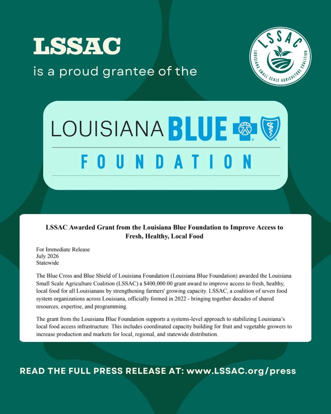 🌟 LSSAC is thrilled to announce we have been awarded a grant from The Blue Cross and Blue Shield of Louisiana Foundation (@labluefoundation) to expand our services to Louisiana's farmers and bring more fresh, healthy, local food to all Louisianans! 