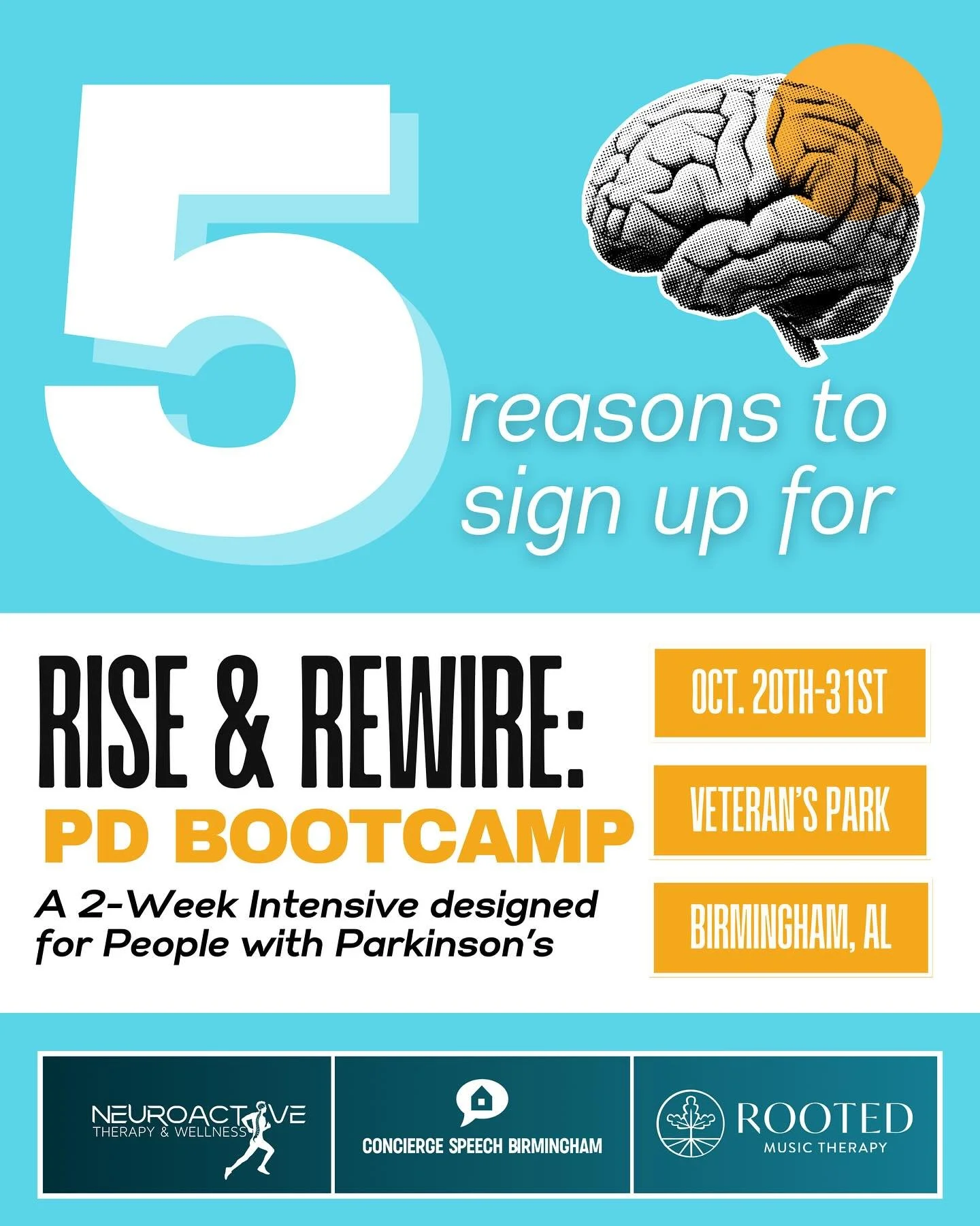5 Reasons to Join the Rise &amp; Rewire: PD Bootcamp

1️⃣ Interdisciplinary care! Work with a team of 3 Parkinson&rsquo;s specialists

2️⃣ Evidence-based therapies that work

3️⃣ Build brain and body resilience with targeted exercises

4️⃣ A supporti