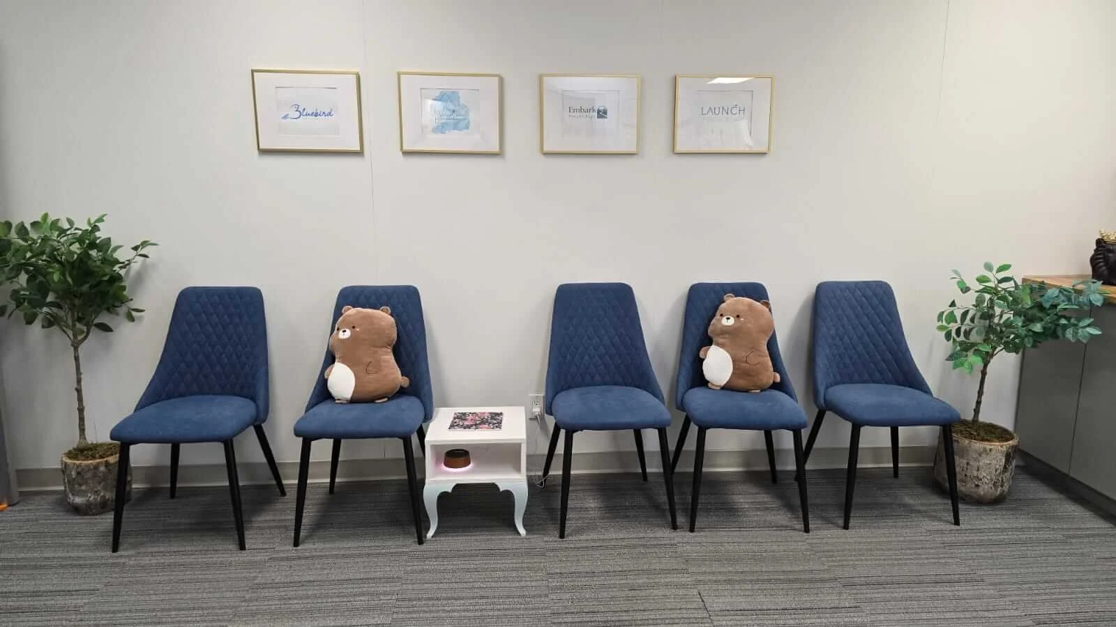 Comfortable and squishy chairs in reception area at Embark Psychology Calgary clinic with plants and cushions