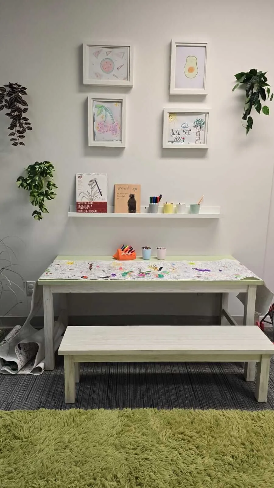 Colouring corner in playroom at Embark Psychology Calgary