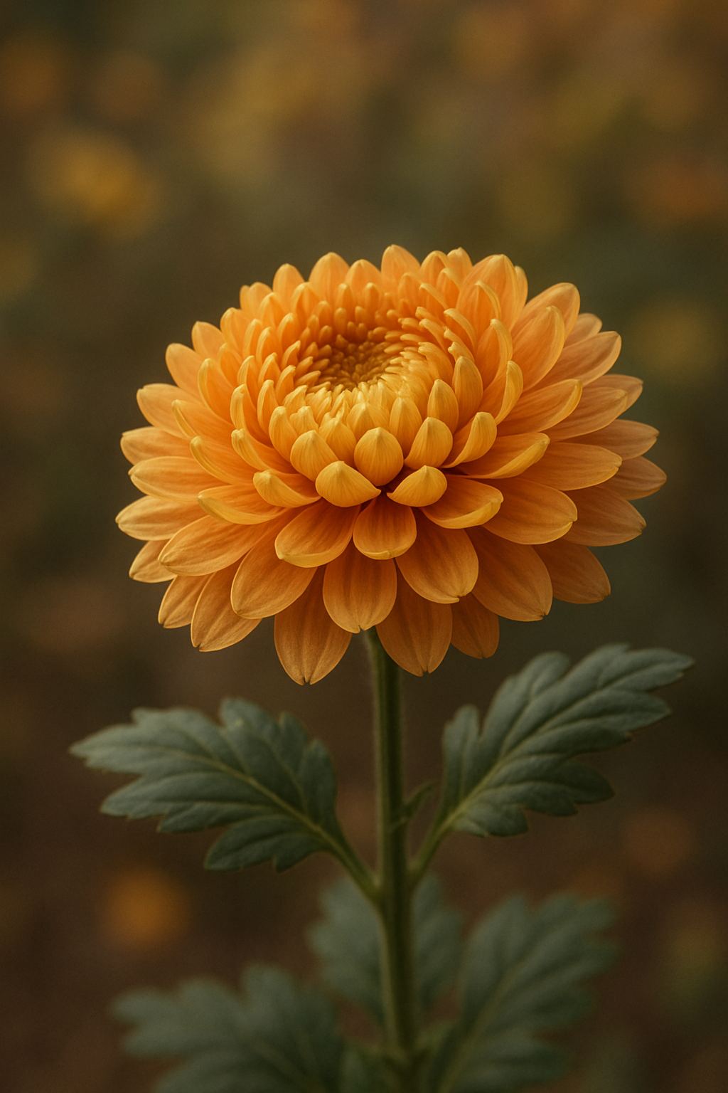 A chrysanthemum flower in vibrant autumn pink and gold hues, symbolizing mindful presence, peace, and October meditation energy.