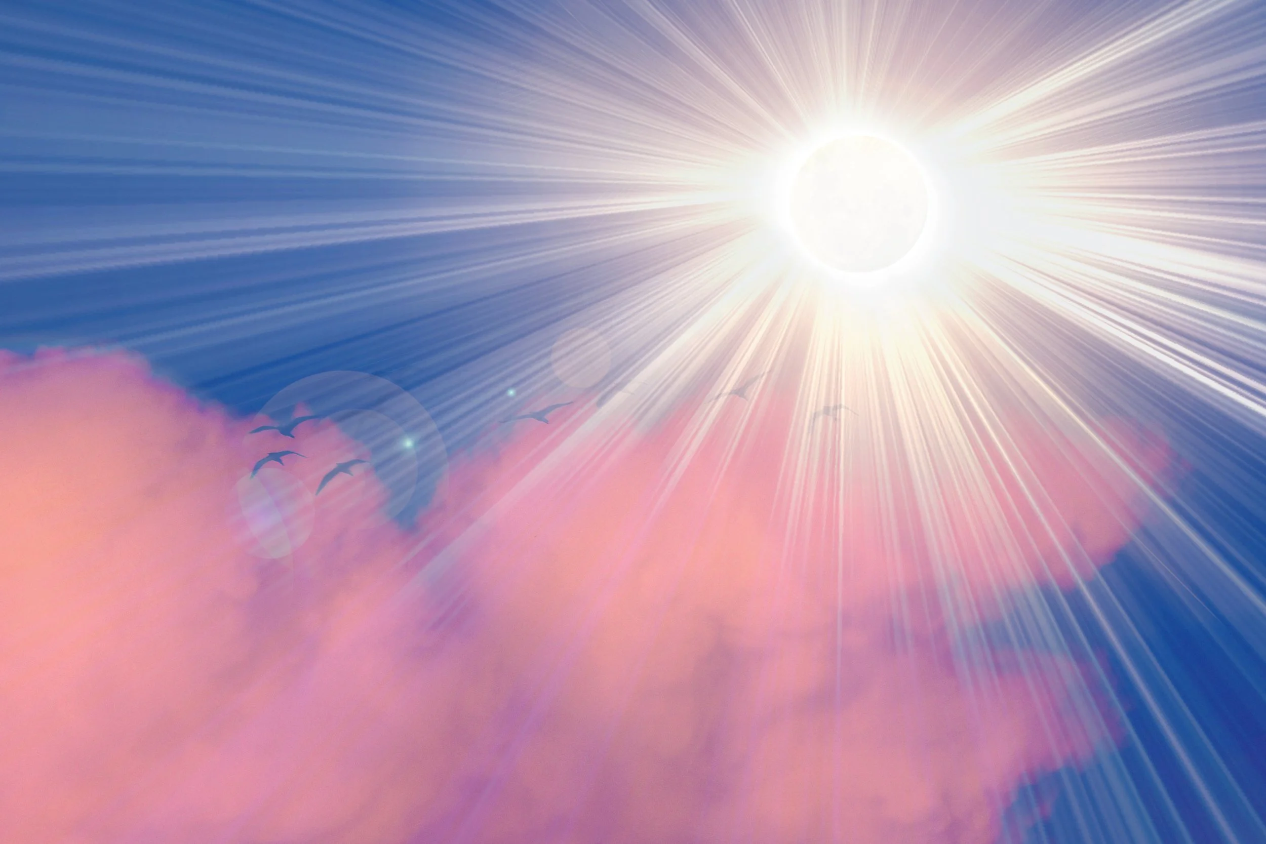 Radiant sunlight beaming through pink clouds with birds flying in the distance—symbolizing divine timing, spiritual clarity, and trust in the natural unfolding of life.
