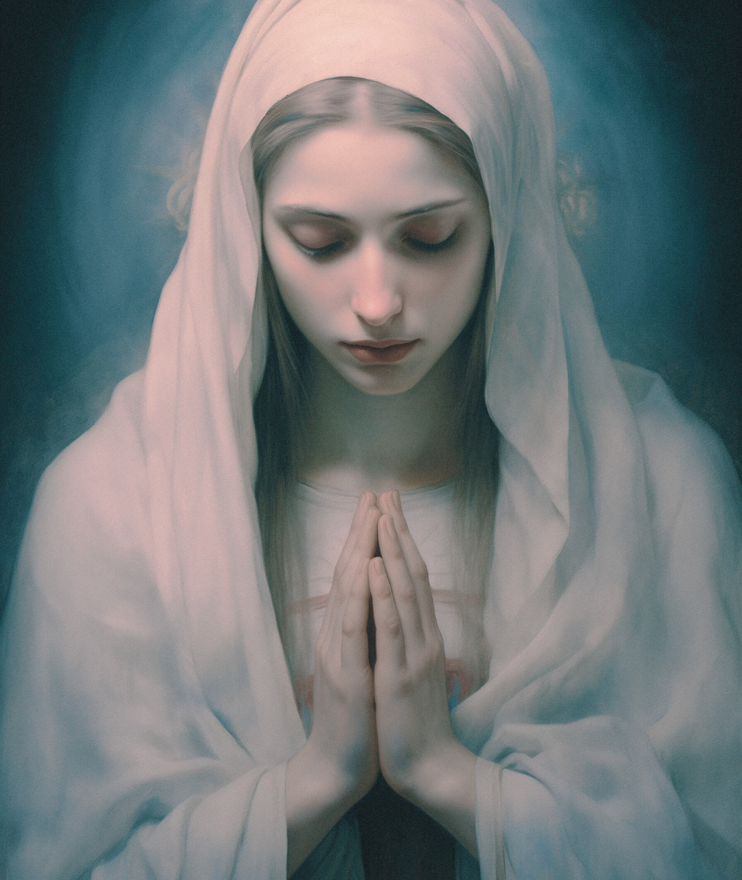 Sacred feminine figure in white robe praying with grace, representing Mary Magdalene’s divine essence and the spiritual awakening journey of The Rose Path.