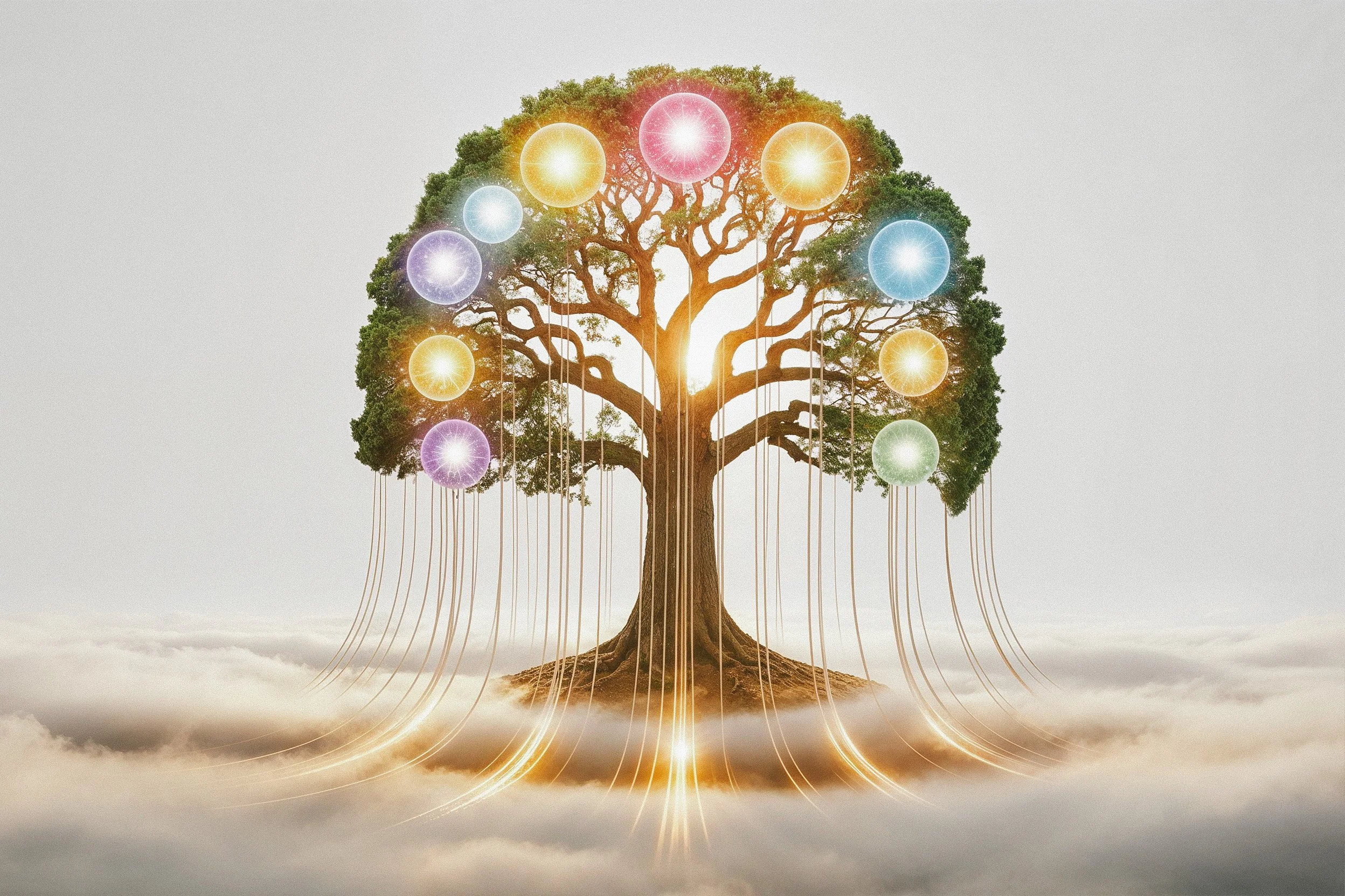 A tree with energy balls for chakras and the connection to universal energy and intuition.