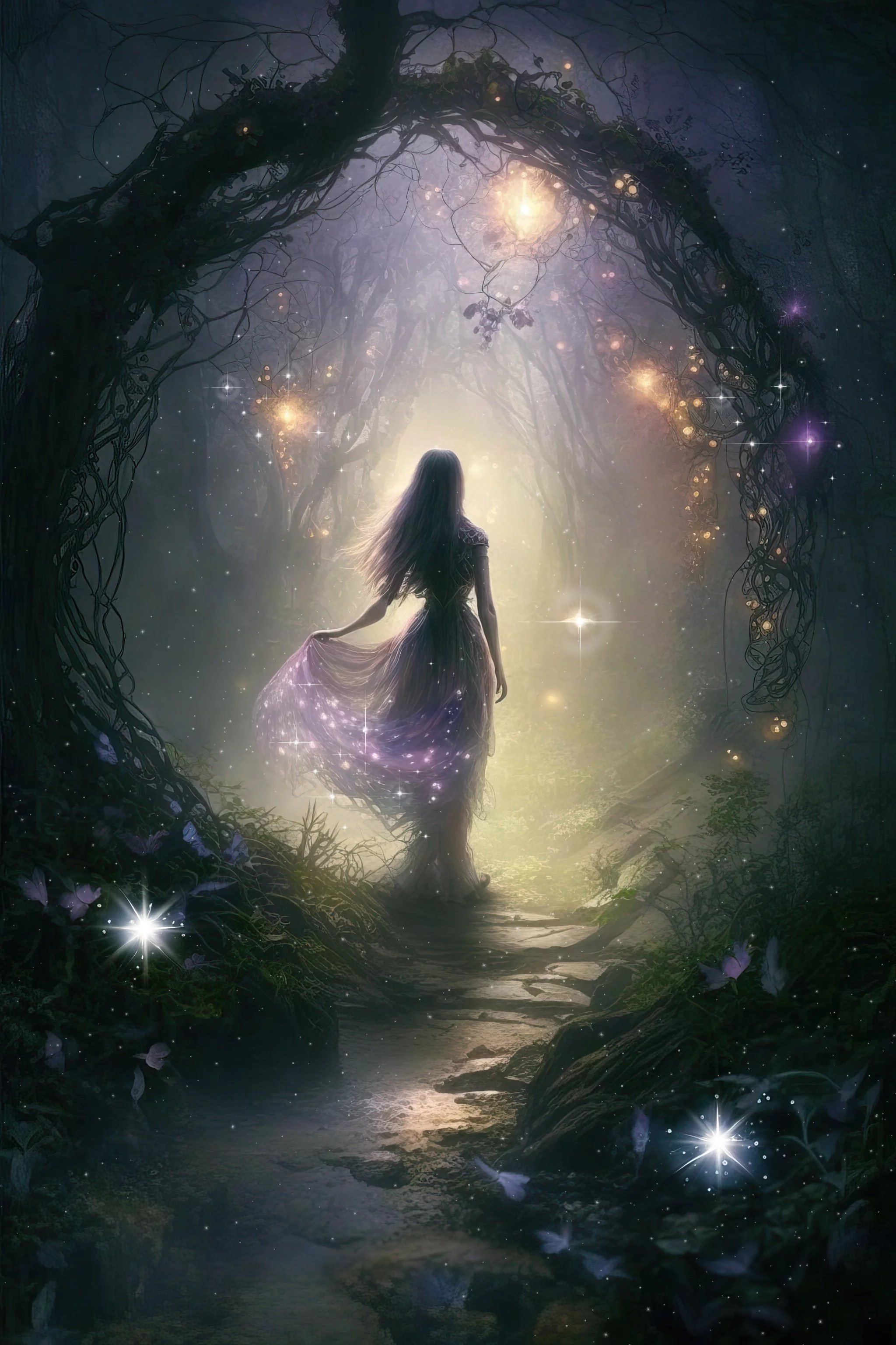 Mystical light-filled forest path symbolizing spiritual awakening and intuitive alignment.
