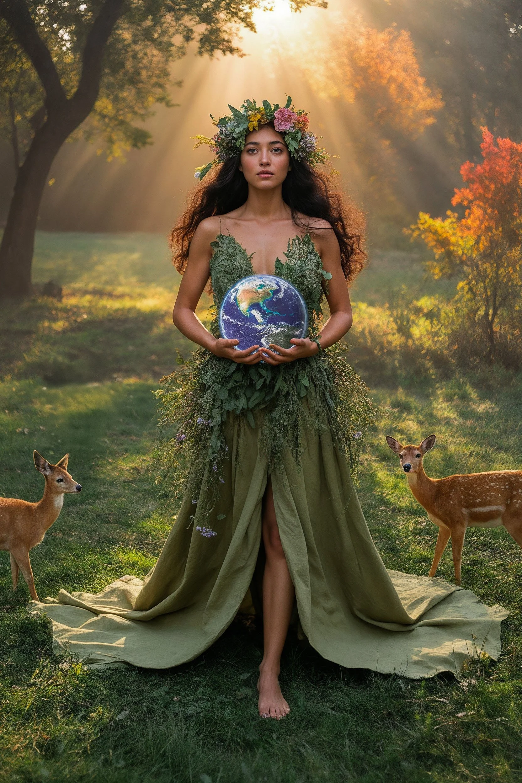 Gaia Earth Goddess standing in a sunlit forest holding the planet Earth, surrounded by deer and autumn light, symbolizing sacred nature, spiritual awakening, balance, and deep connection with the living Earth.