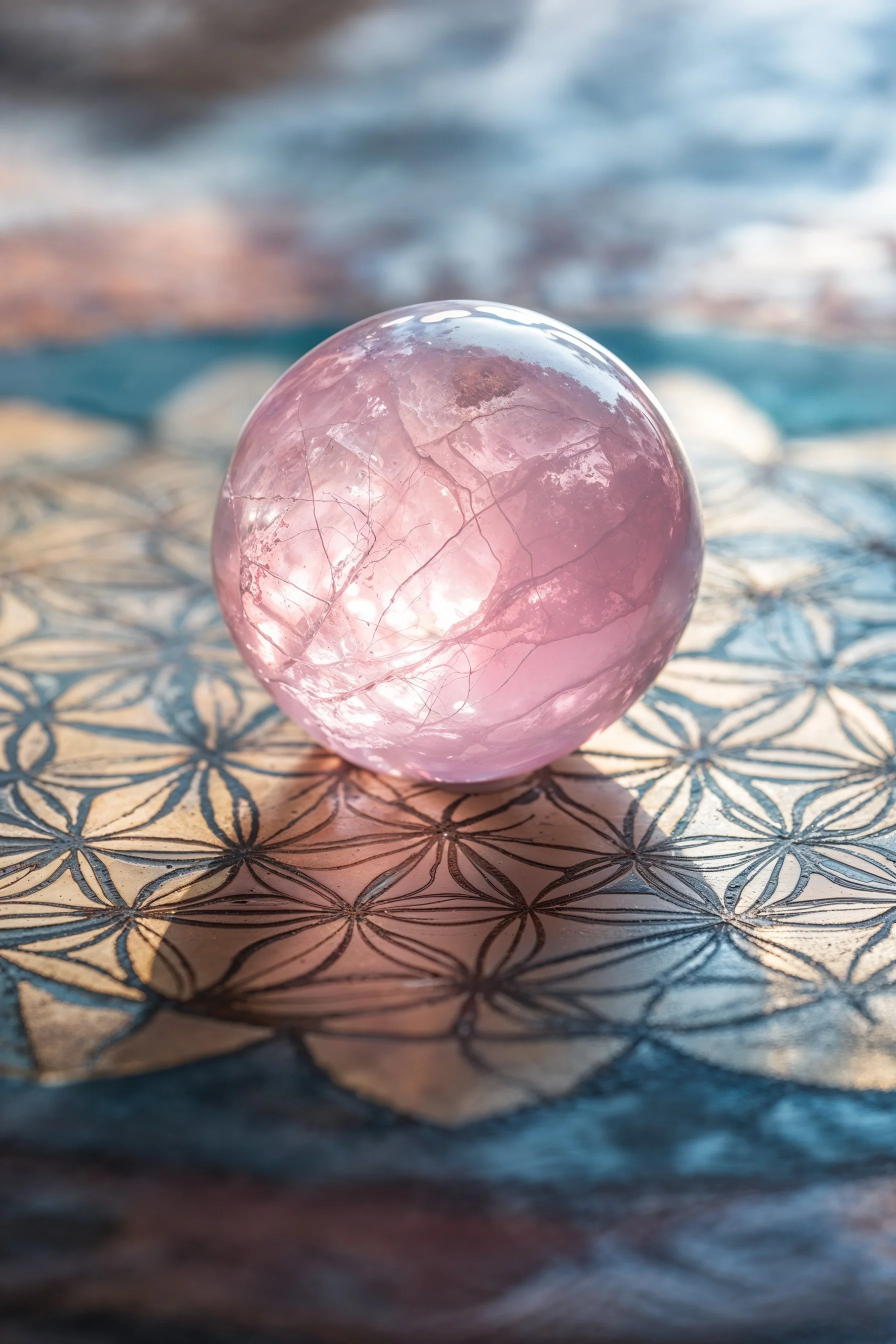 Rose quartz crystal sphere used for crystal meditation and energy healing on sacred geometric pattern