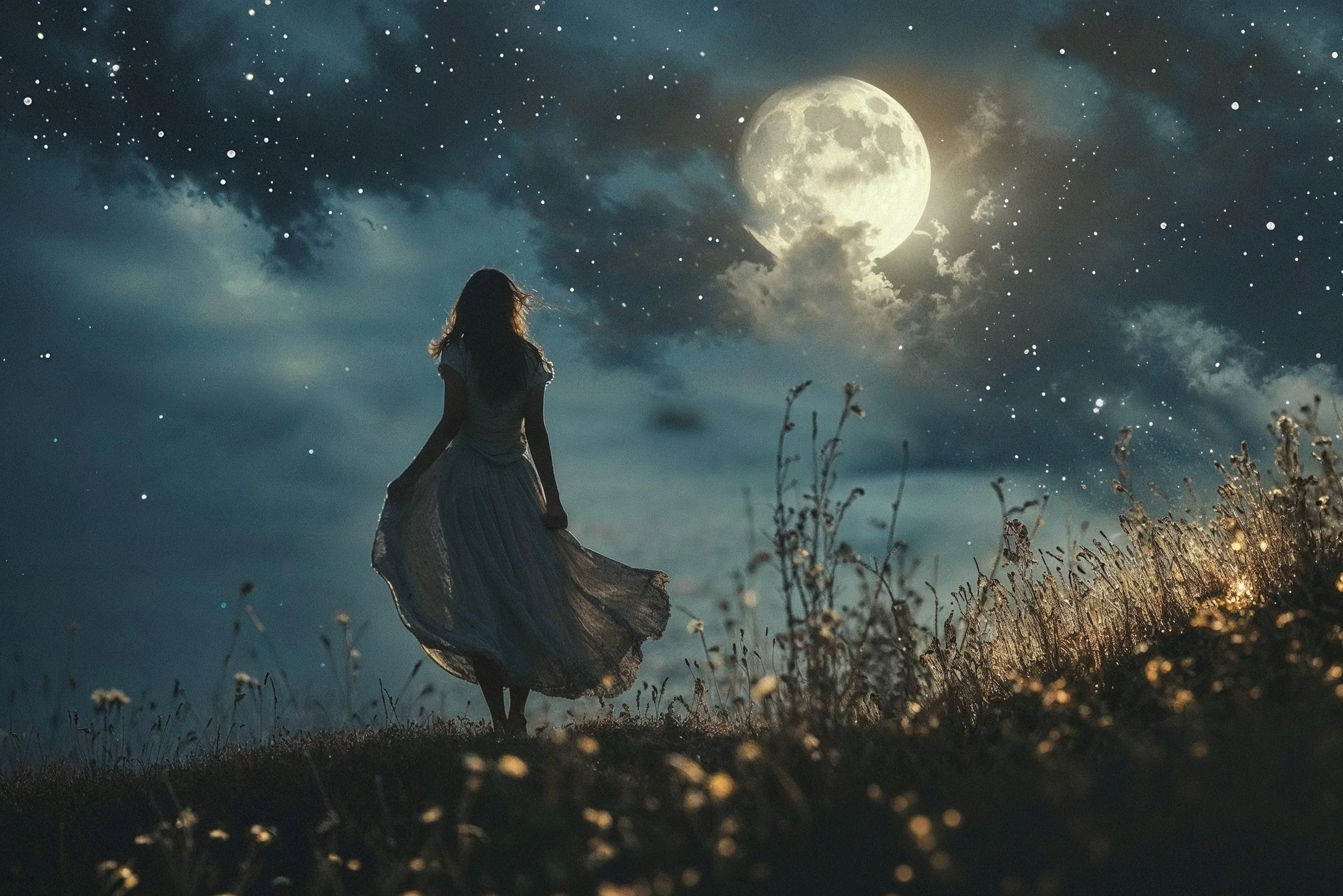Woman meditating under full moon night sky for soul alignment and spiritual clarity