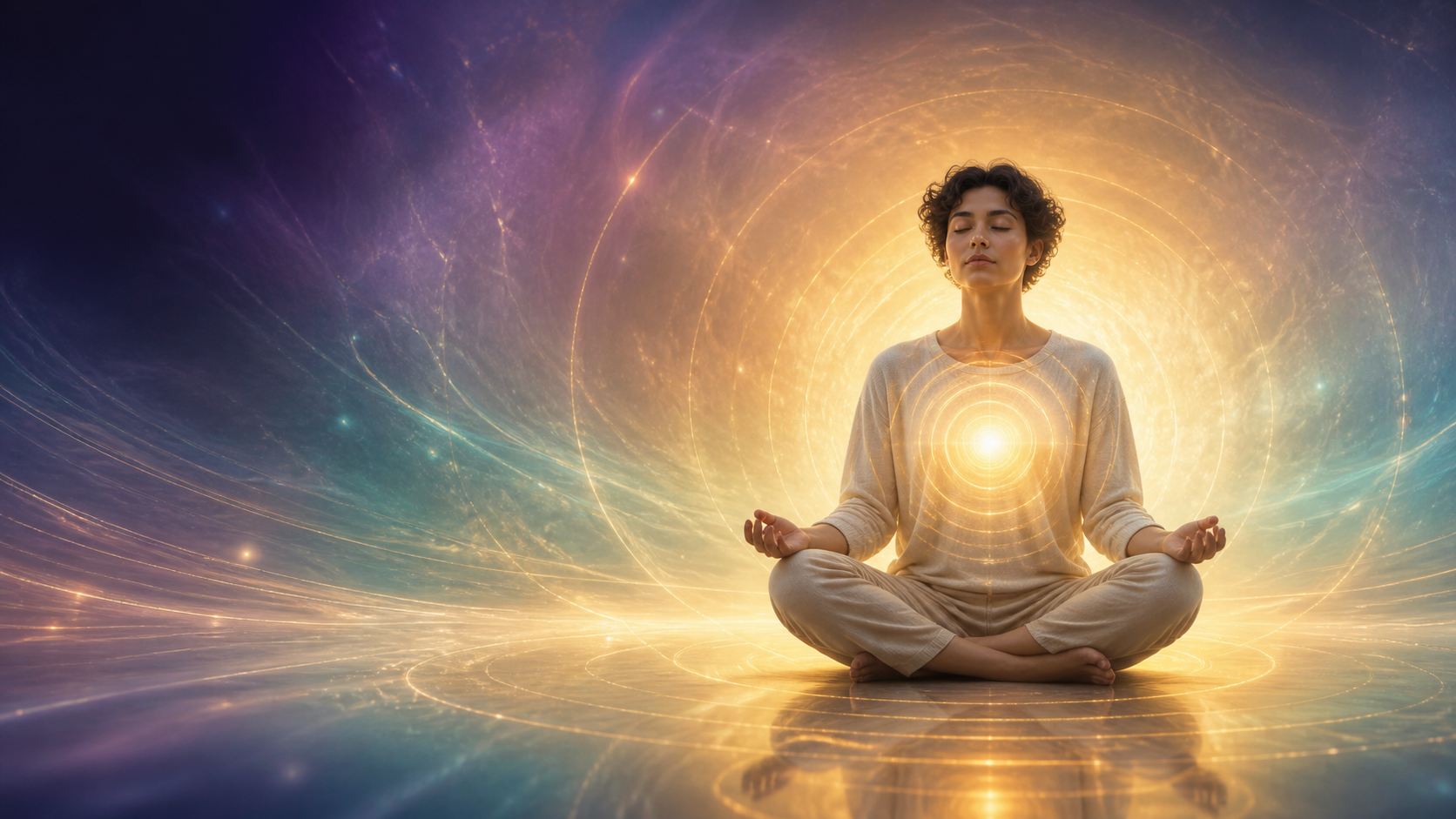 Person meditating surrounded by warm, radiant energy during The Frequency Reset guided meditation experience.