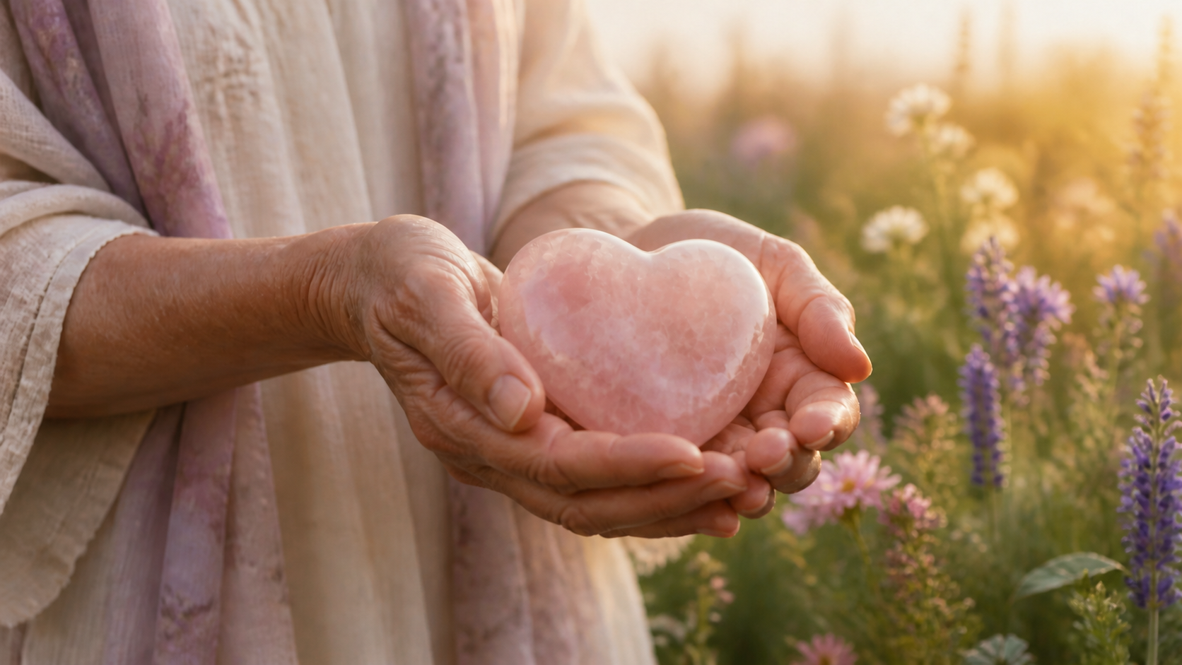 Mature woman’s hands gently holding a polished rose quartz heart in a peaceful wildflower garden at sunrise, symbolizing sensitivity, compassion, emotional healing, and inner strength.