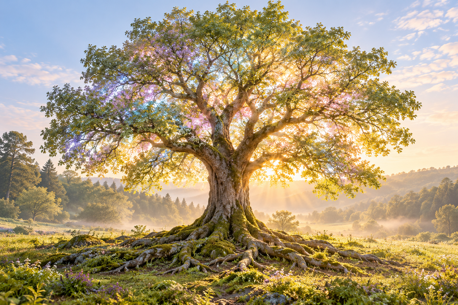 A spreading tree with exposed roots and soft lavender, blue, rose, and golden light glowing through its leafy crown.