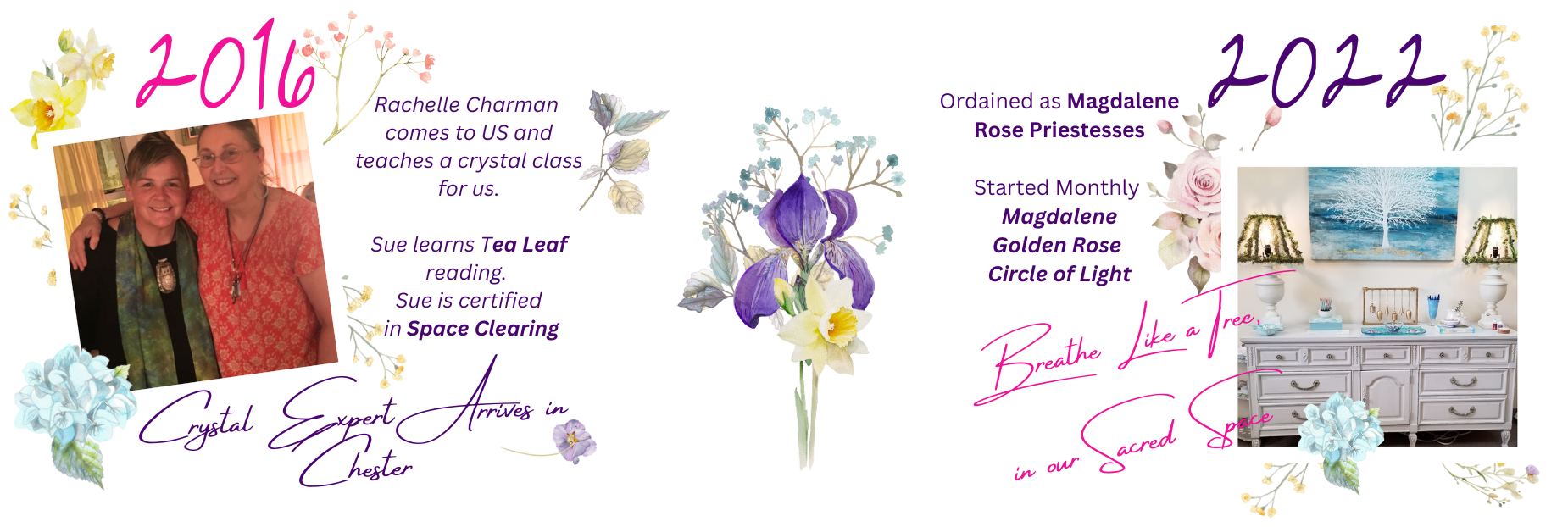 A decorative timeline plaque with floral accents, featuring photos of two women, references to Rachelle Charman and Maggie Rose Priestess, and the phrase "Breathe Like a Tree in our Sacred Space" with descriptions of her teachings and life milestones.