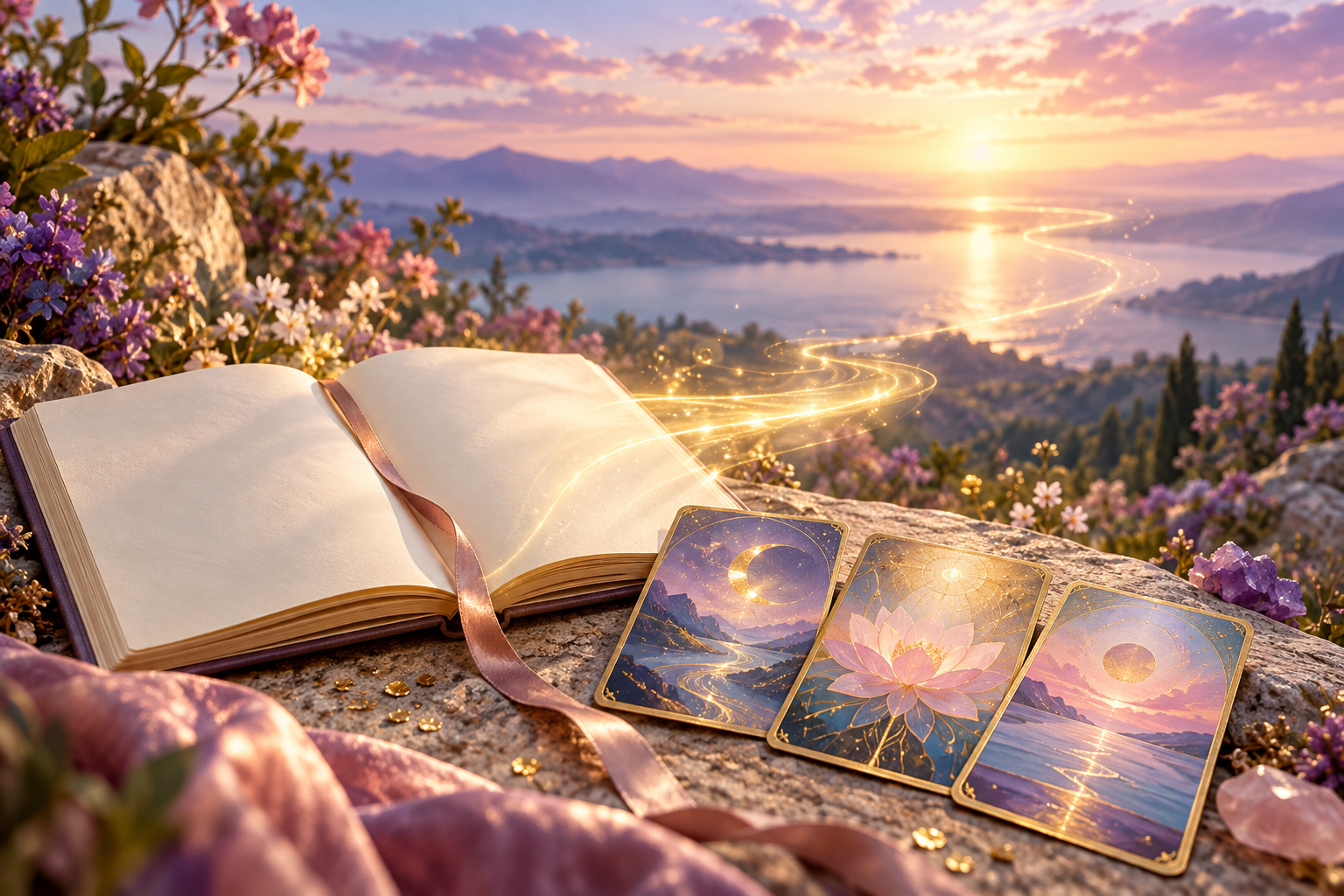 Open journal and oracle cards beside a sunlit lake, with golden light flowing toward the horizon, representing soul reading guidance for the year ahead.