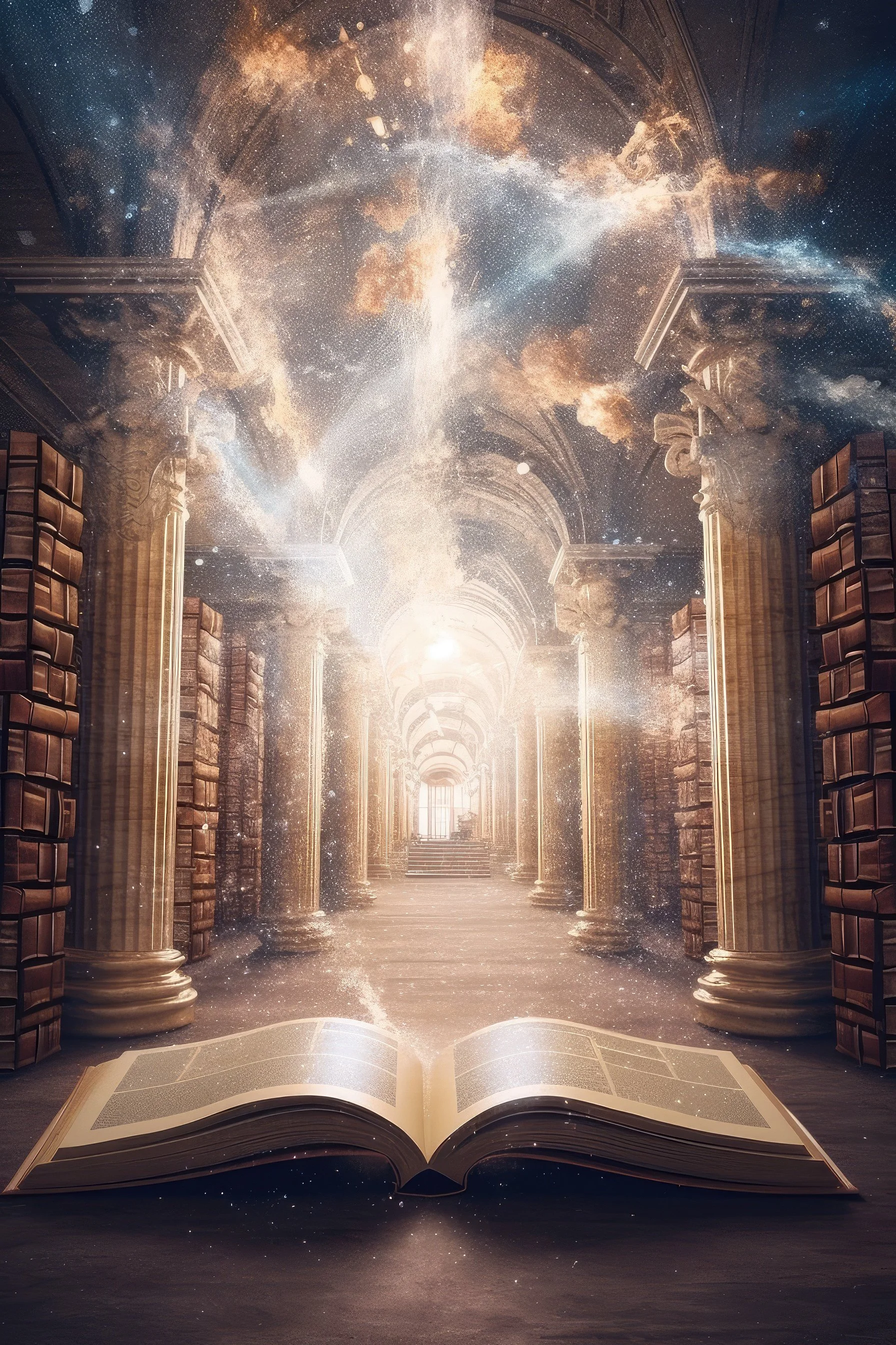 Open magical book in celestial library representing Akashic Records, soul contracts, and spiritual rebirth