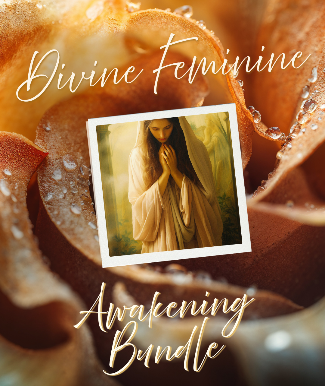 Divine Feminine Awakening Bundle featuring a serene goddess-like woman in soft golden robes surrounded by dewy rose petals — a sacred spiritual holiday gift set for soul healing and inner transformation in 2025.