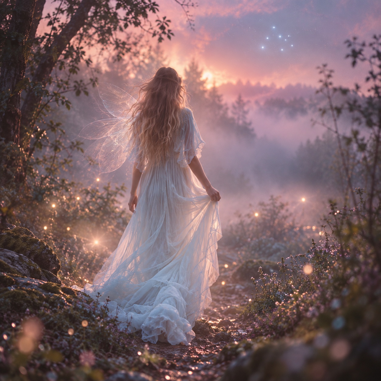 Woman in a flowing white dress with translucent wings entering a misty forest illuminated by Pleiadian cosmic light.