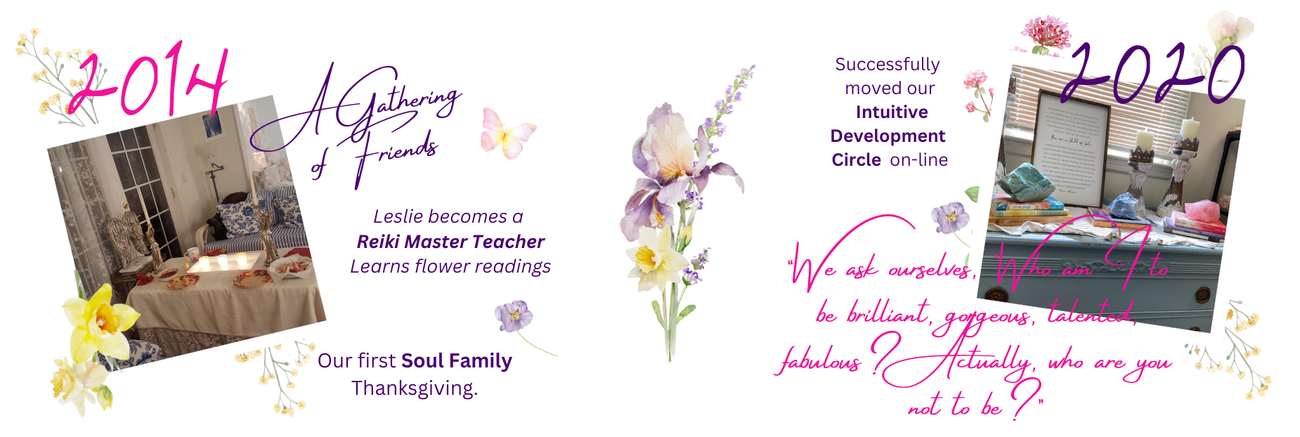 Decorative online scrapbook celebrating the years 2014 and 2020, with photos of a dinner table and spiritual altar, surrounded by flowers, butterflies, and text about personal growth and spiritual development.