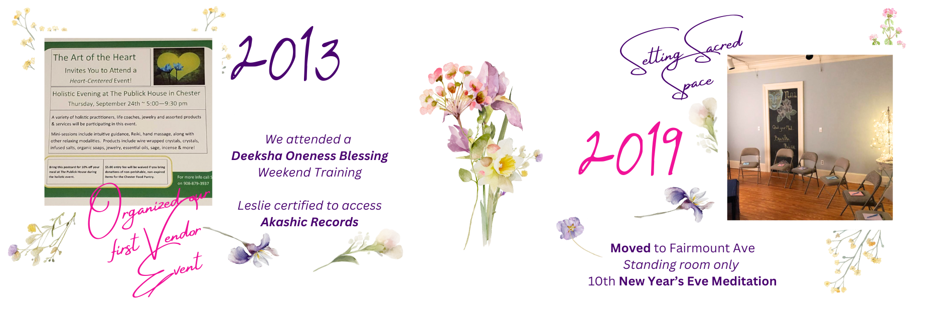 A decorative digital collage celebrating a 2019 event with floral accents, handwritten-style text, and two photographs—one of a flyer for a holistic event and the other of a classroom with chairs and a chalkboard.