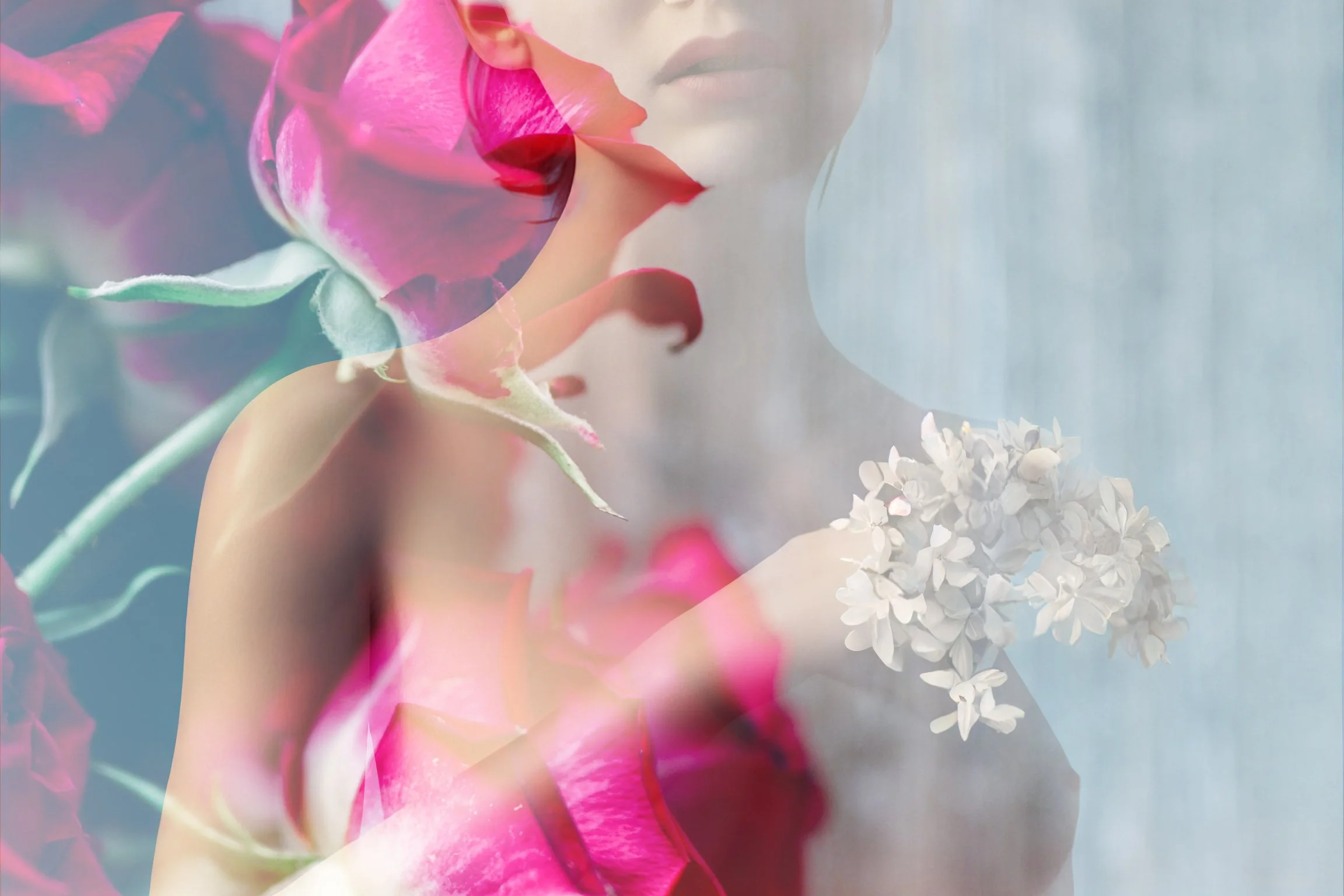 Ethereal image of a woman blended with white flowers and pink roses, symbolizing the Magdalene Rose Priestess Path and divine feminine awakening.
