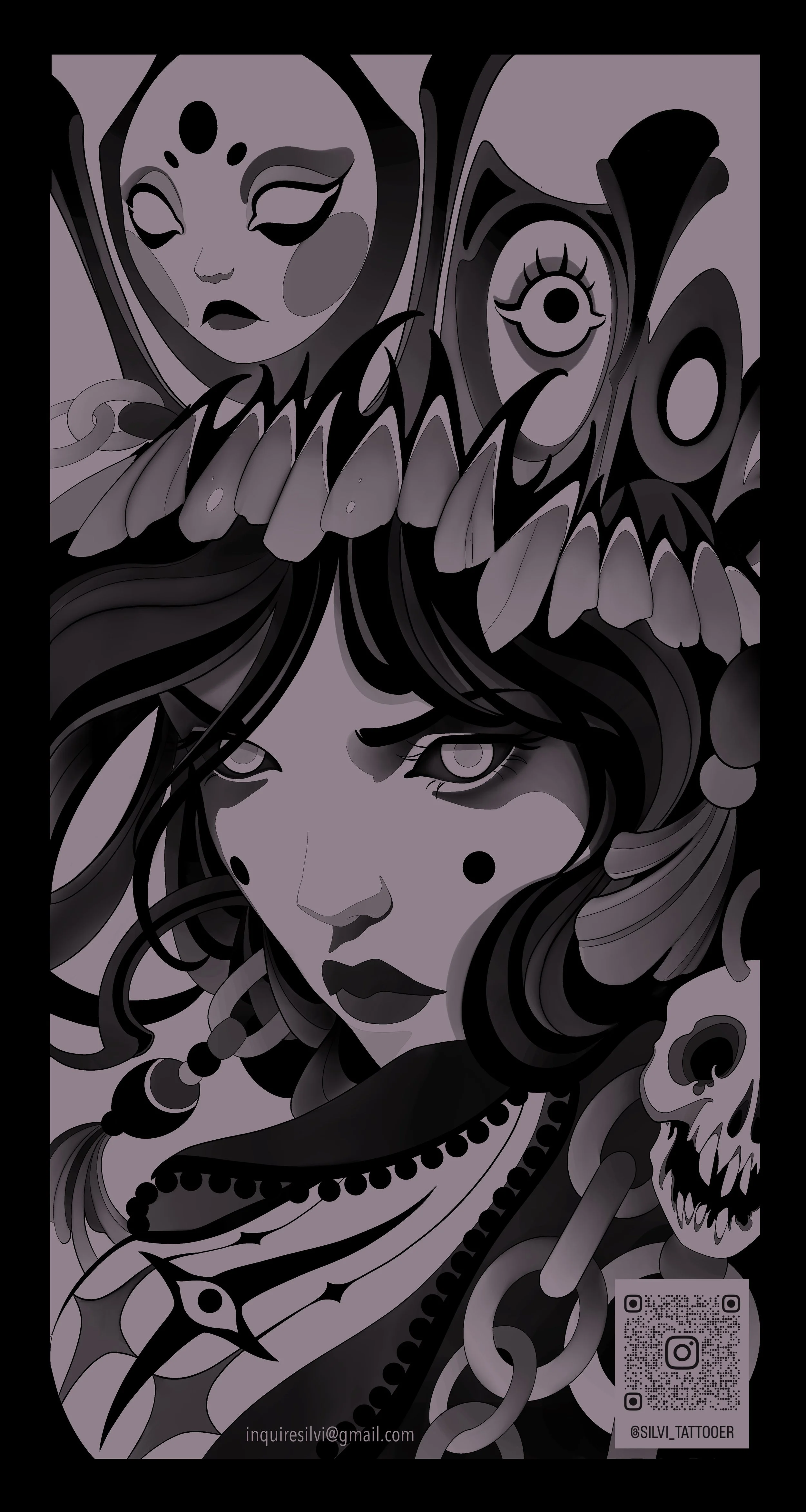 lady face, woman face, princess, dark art, teeth crown, crown, fierce, silvi tattooer