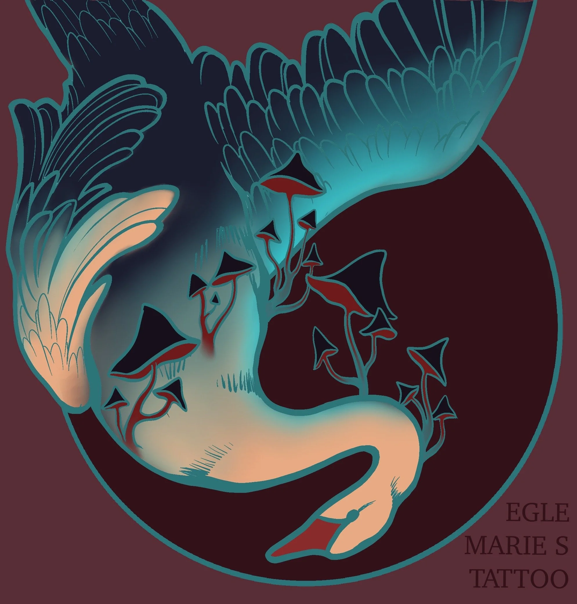 colour illustration, swan design, mushrooms, business promo