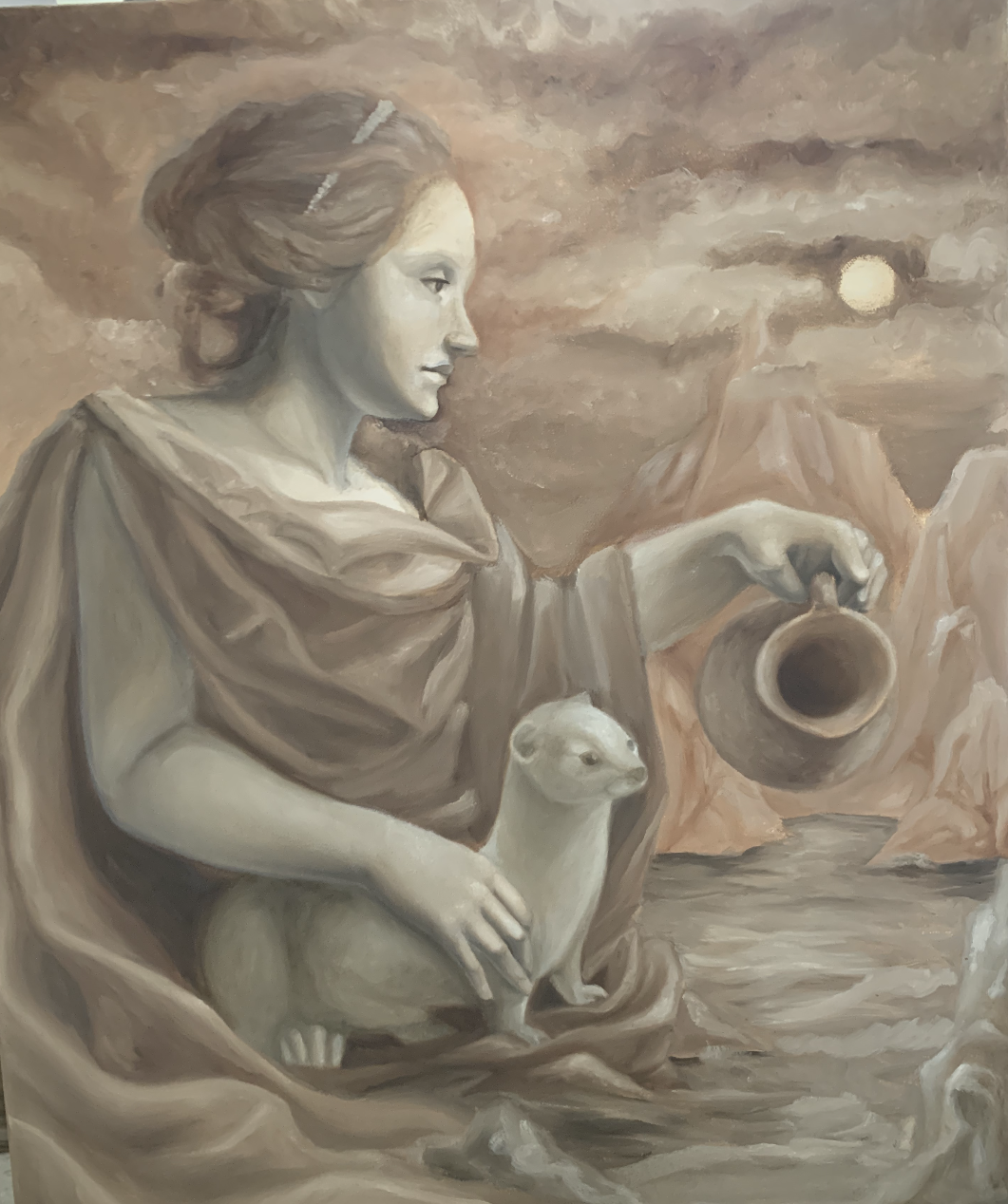 ermine painting, woman paining, oil painting, underpainting
