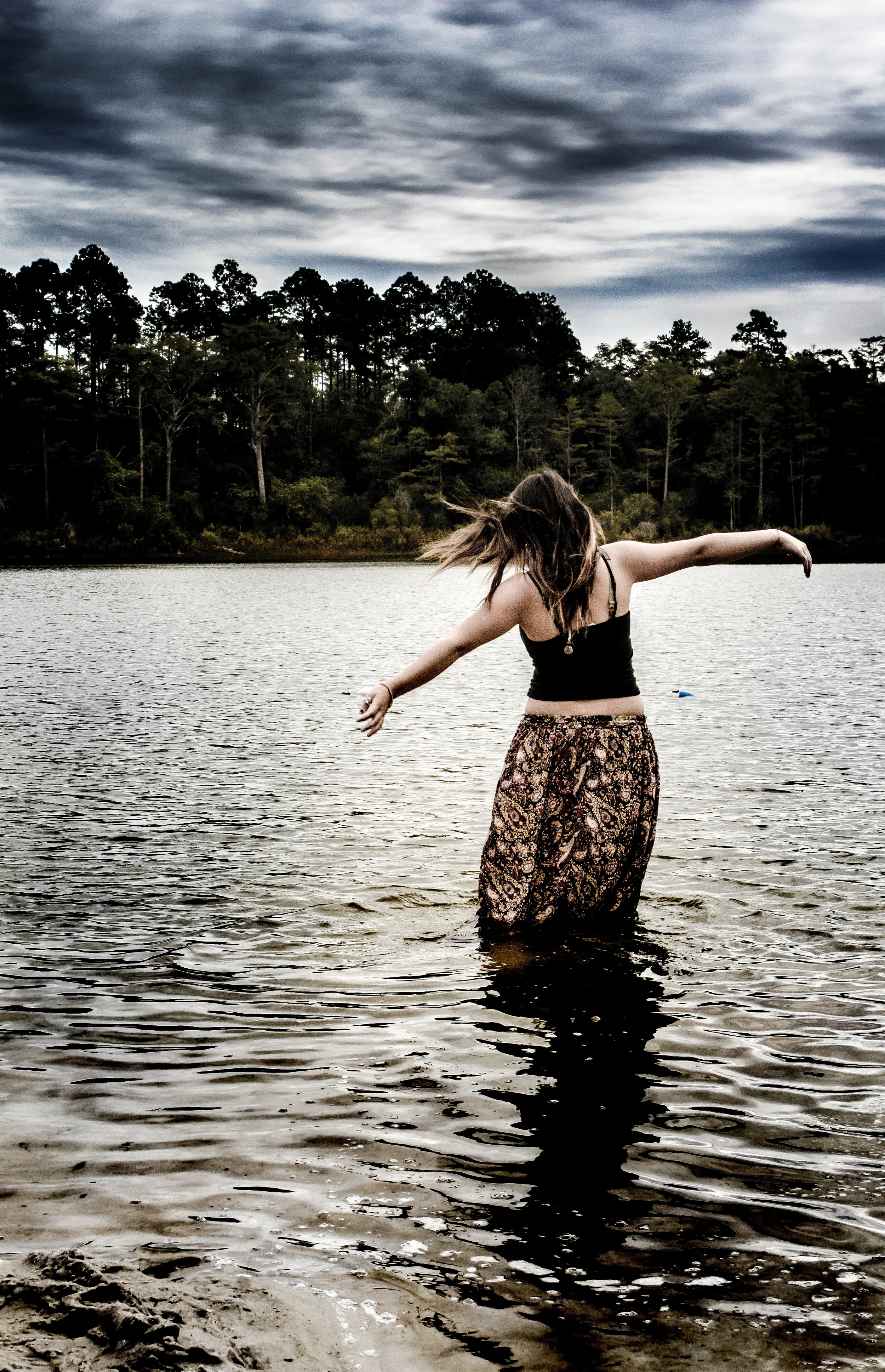 lake photography, person walking into lake, forest, nature, dreamy