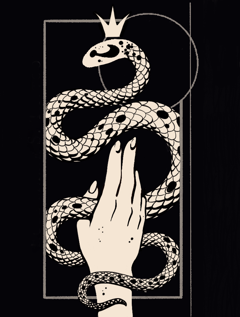 business card design, silvi tattooer, black and white, illustration, snake, tarrot