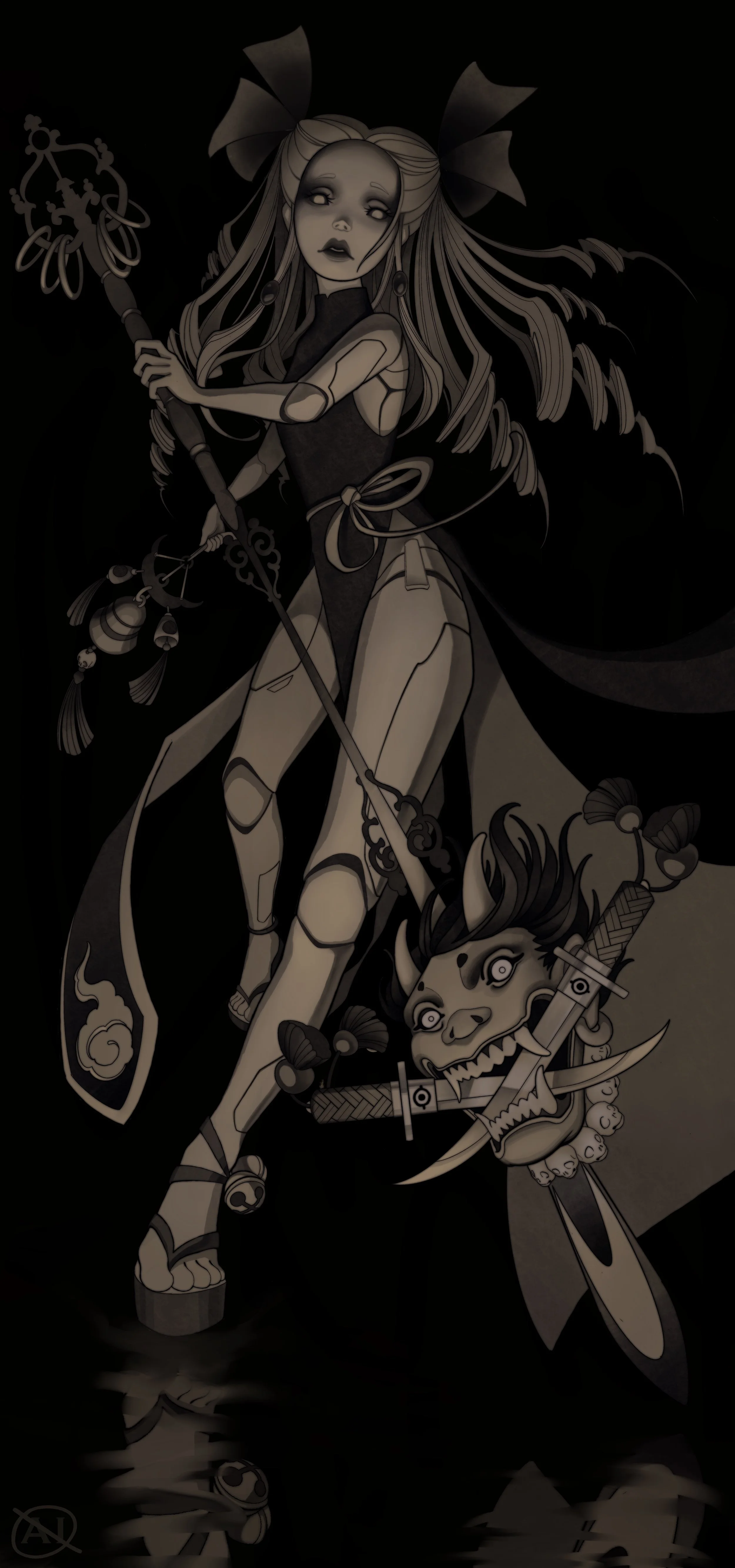 japanese mask, anime character, silvi tattooer, character design, illustration of a lady, swords, staff