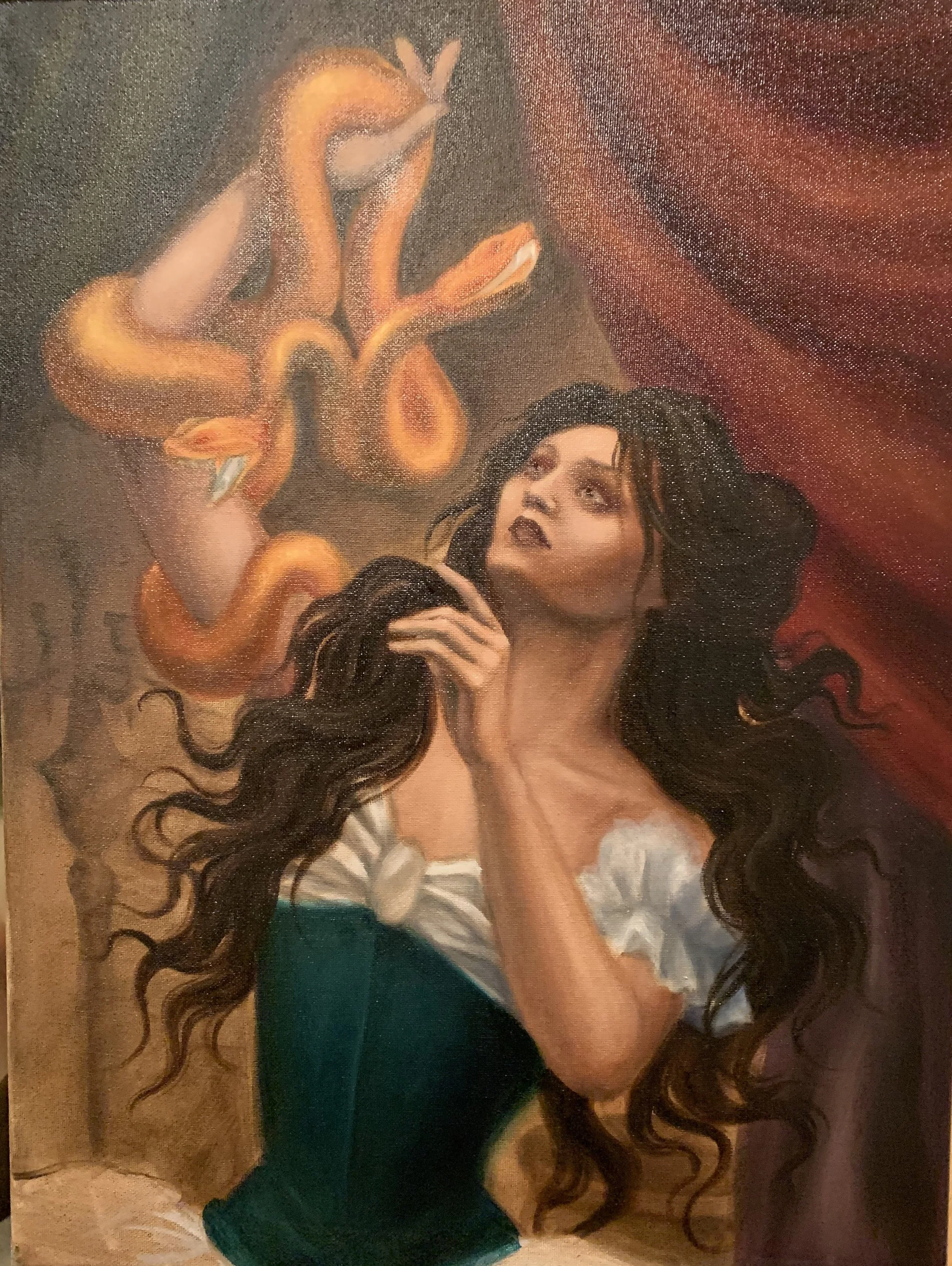 oil painting, classical paining style, golden snake paining, woman holding a snake, two headed snake