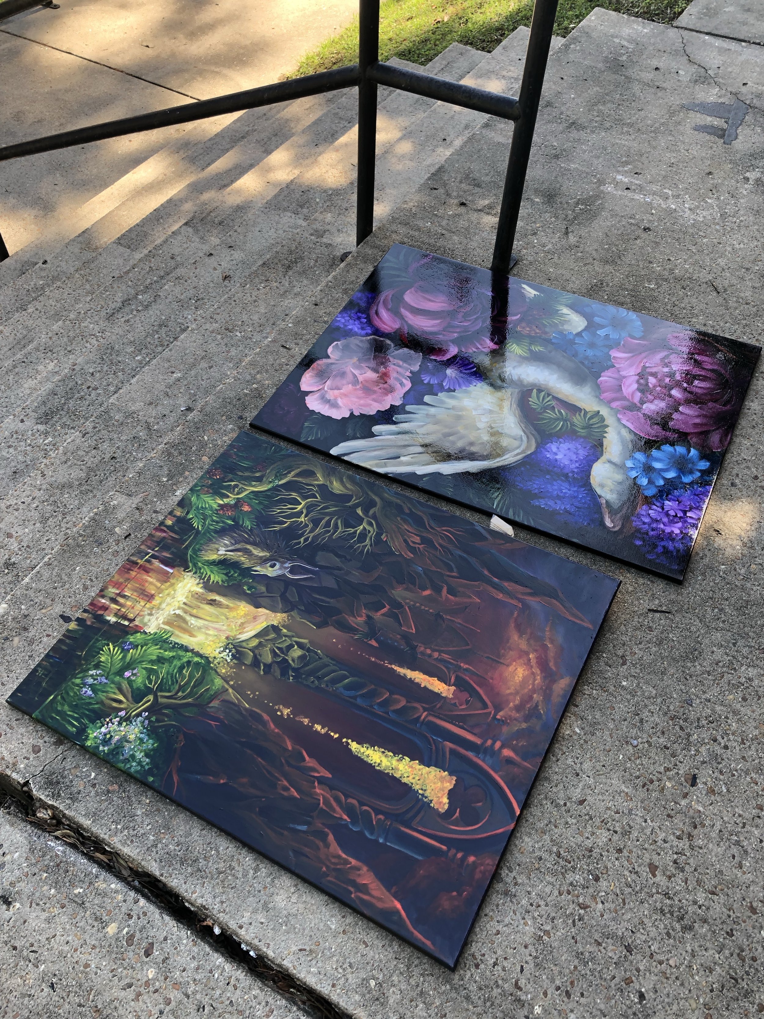 oil paintings, swan painting, surreal landscape painting, flower painting
