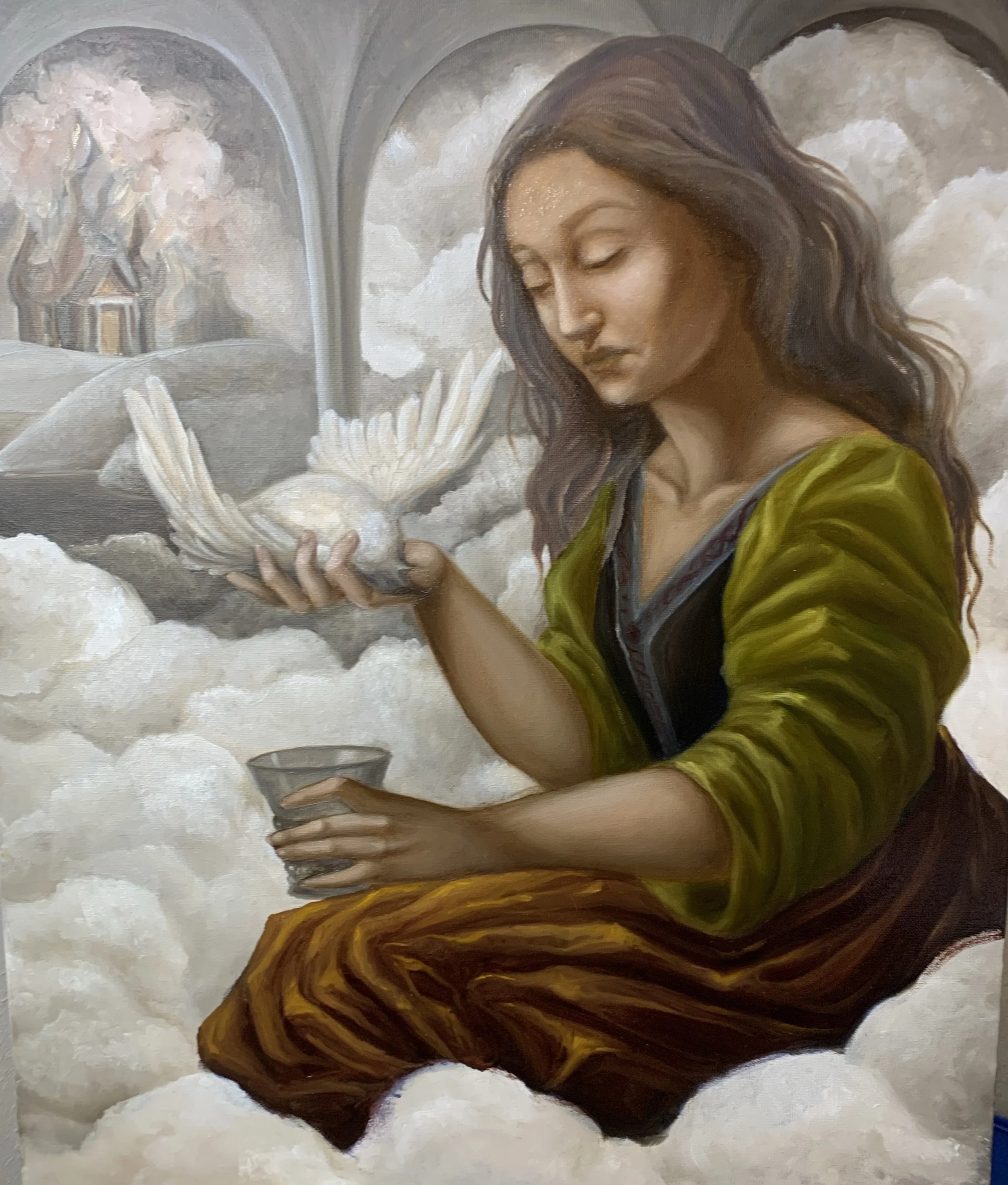 oil painting, classical style painting, bird painting, woman painting