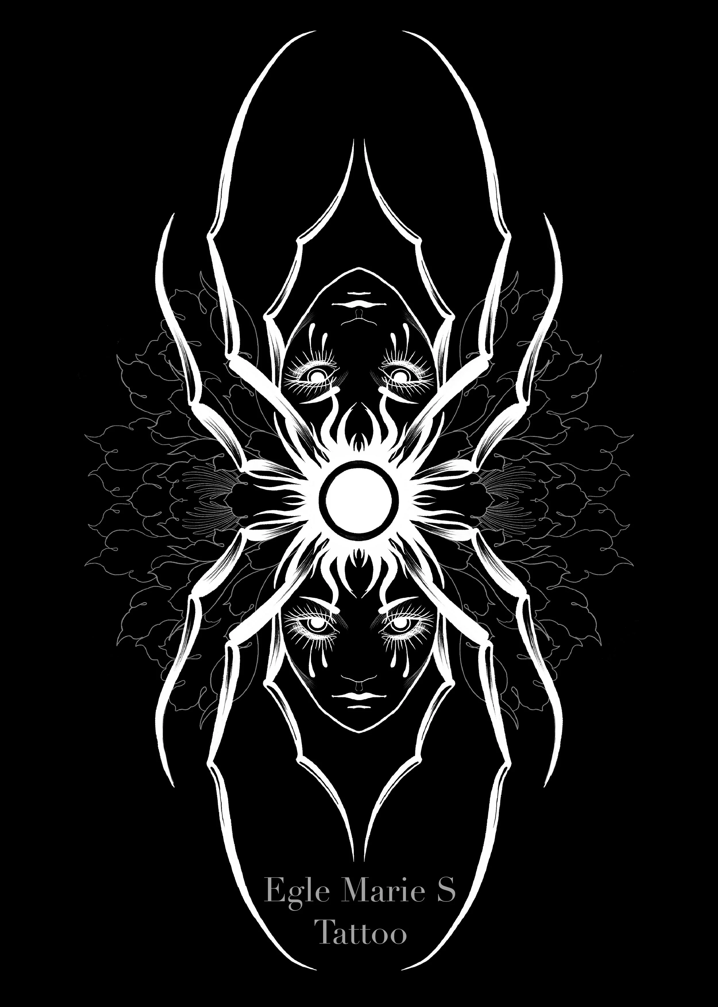 symmetry spider design, black and white, floral design, face design, artist design, illustration