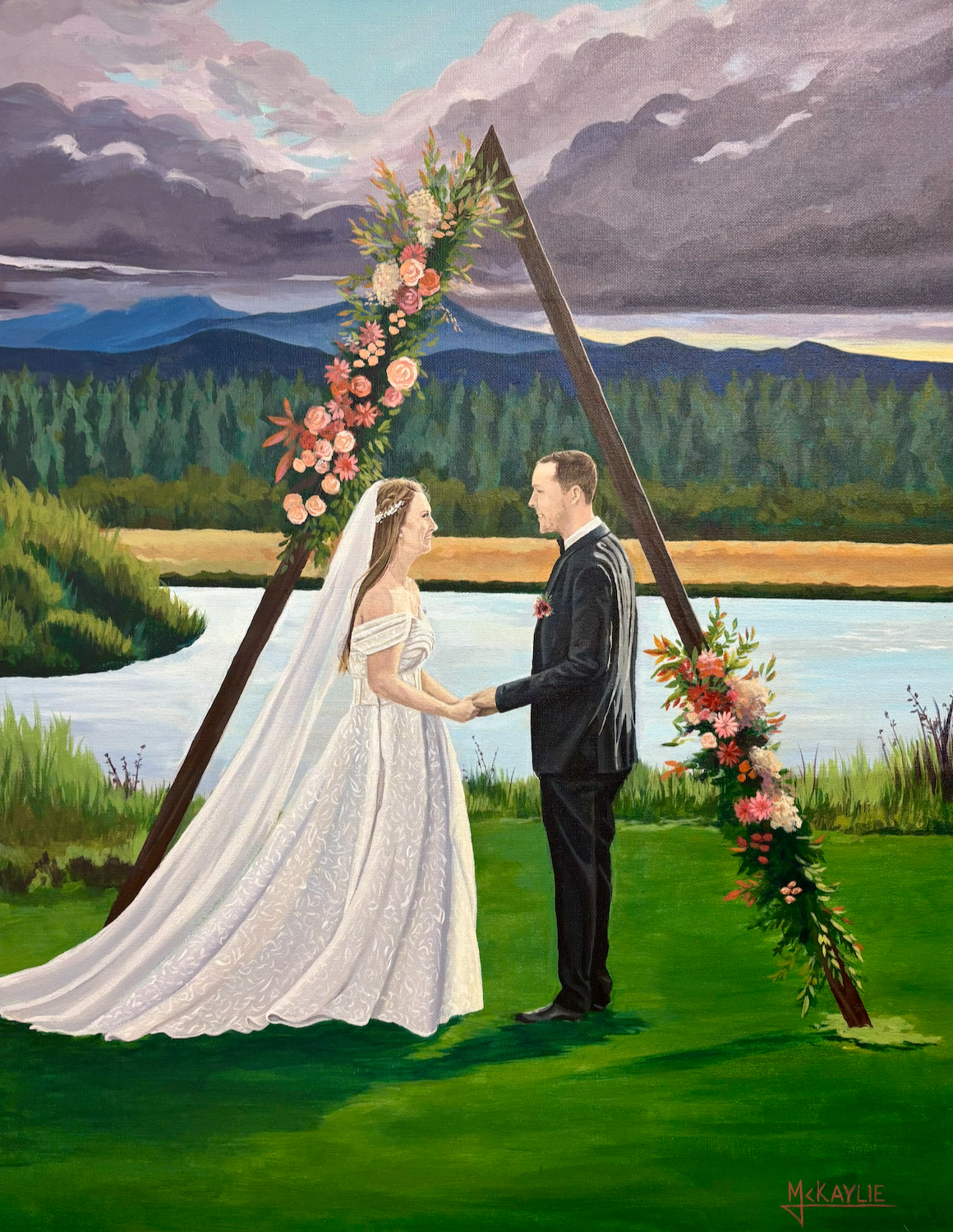 Oregon live wedding painting, black butte ranch wedding, landscape nature wedding painting