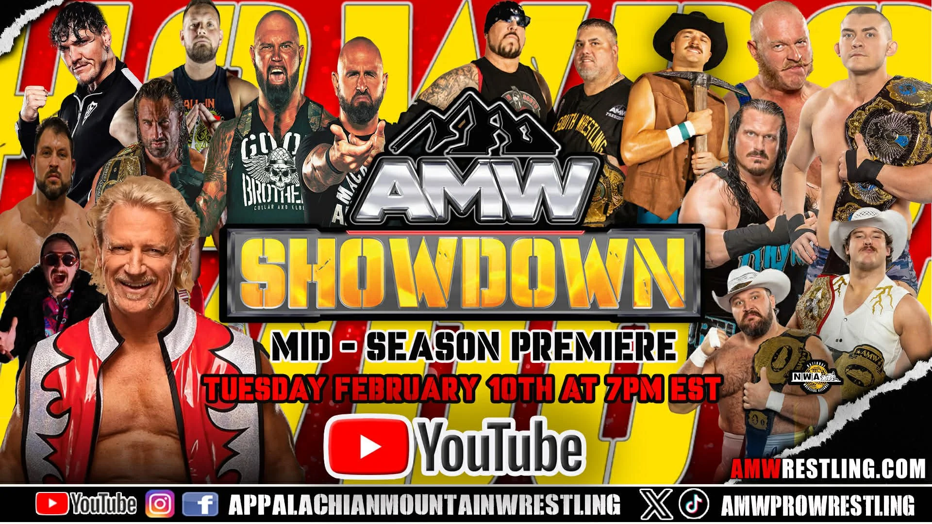 Promotional poster for AMW Showdown, mid-season premiere on February 10th at 7 PM EST, featuring various wrestlers and a host, with logos for YouTube and social media platforms.