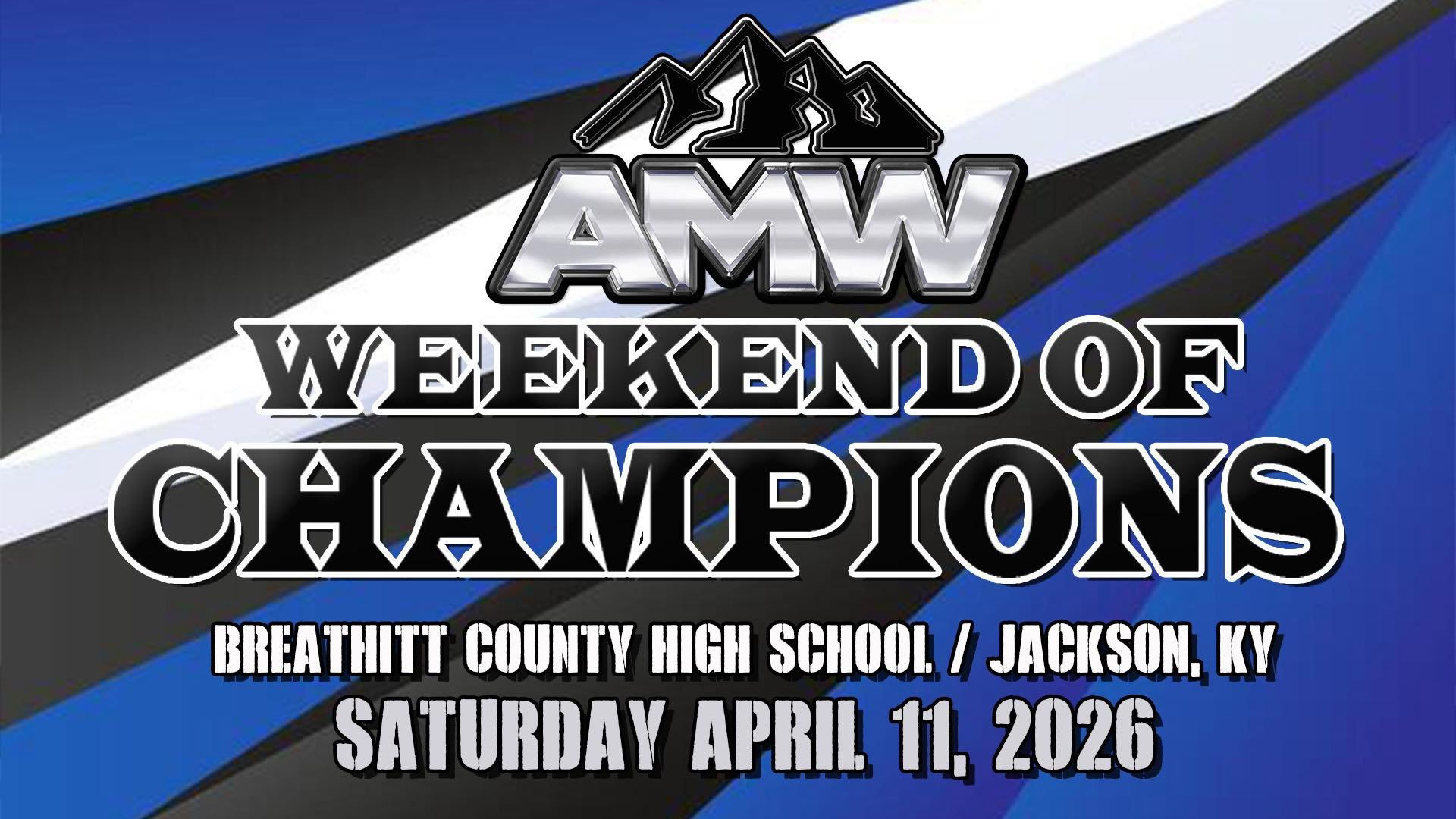 A digital graphic celebrating the Amway Winter Championships, held at Breathitt County High School in Jackson, Kentucky, on Saturday, April 11, 2026, with a background of stylized blue, black, and white snow-capped mountains.