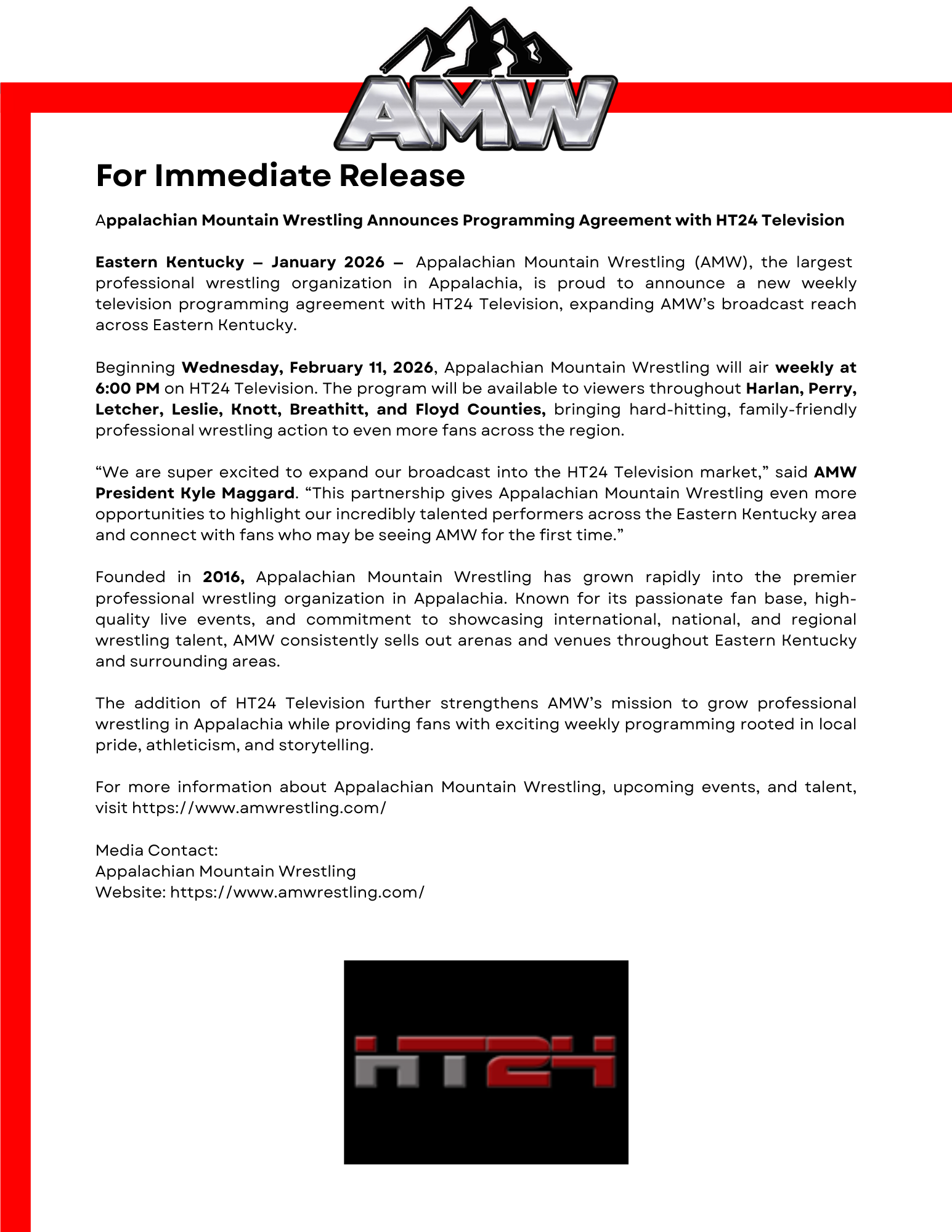 Announcement from Appalachian Mountain Wrestling about new weekly programming on HT24 Television starting February 11, 2026, including details about the partnership, broadcast schedule, and contact information.