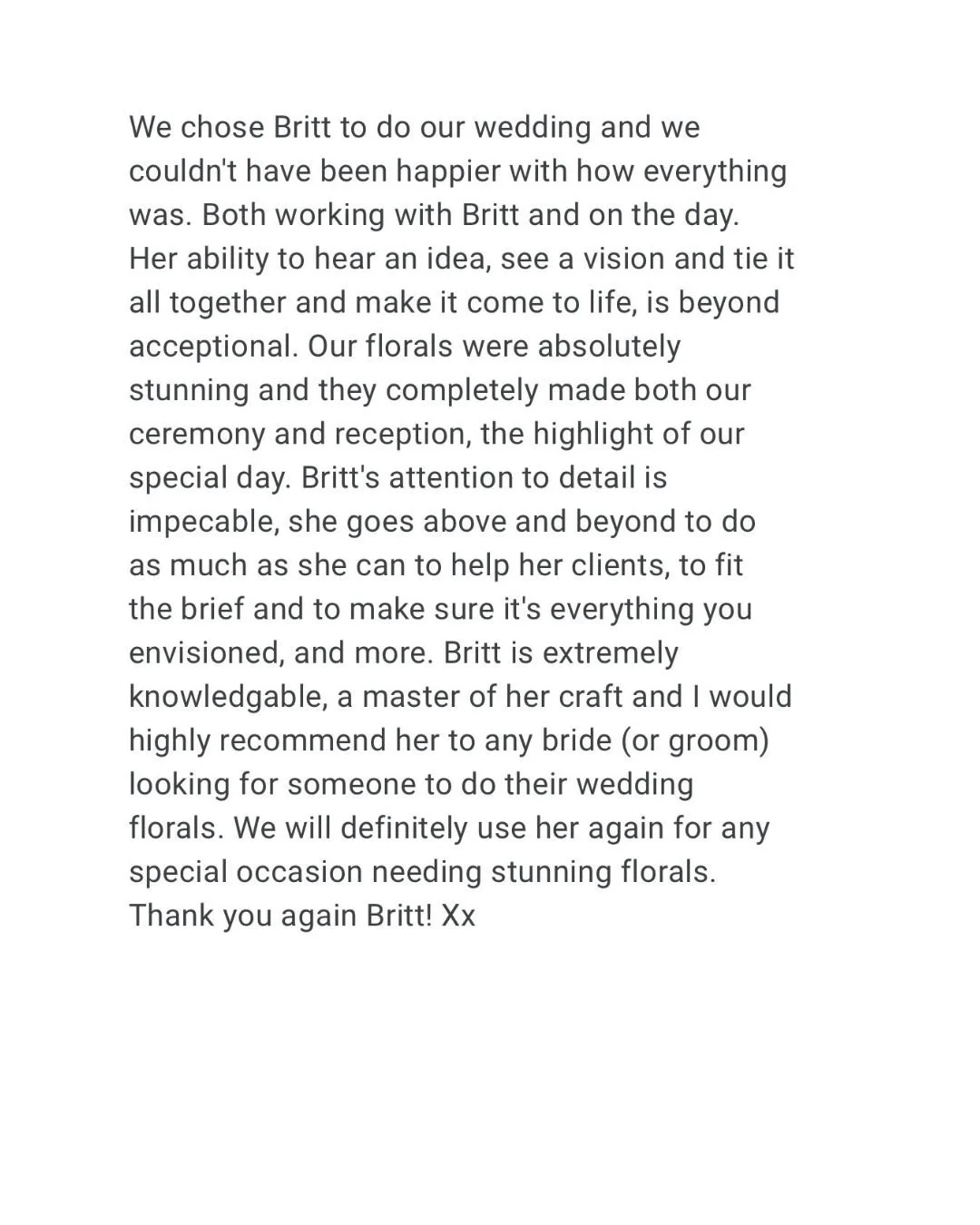 Letter of appreciation for a floral arrangement for a wedding, praising Britt's creativity, attention to detail, and professionalism.